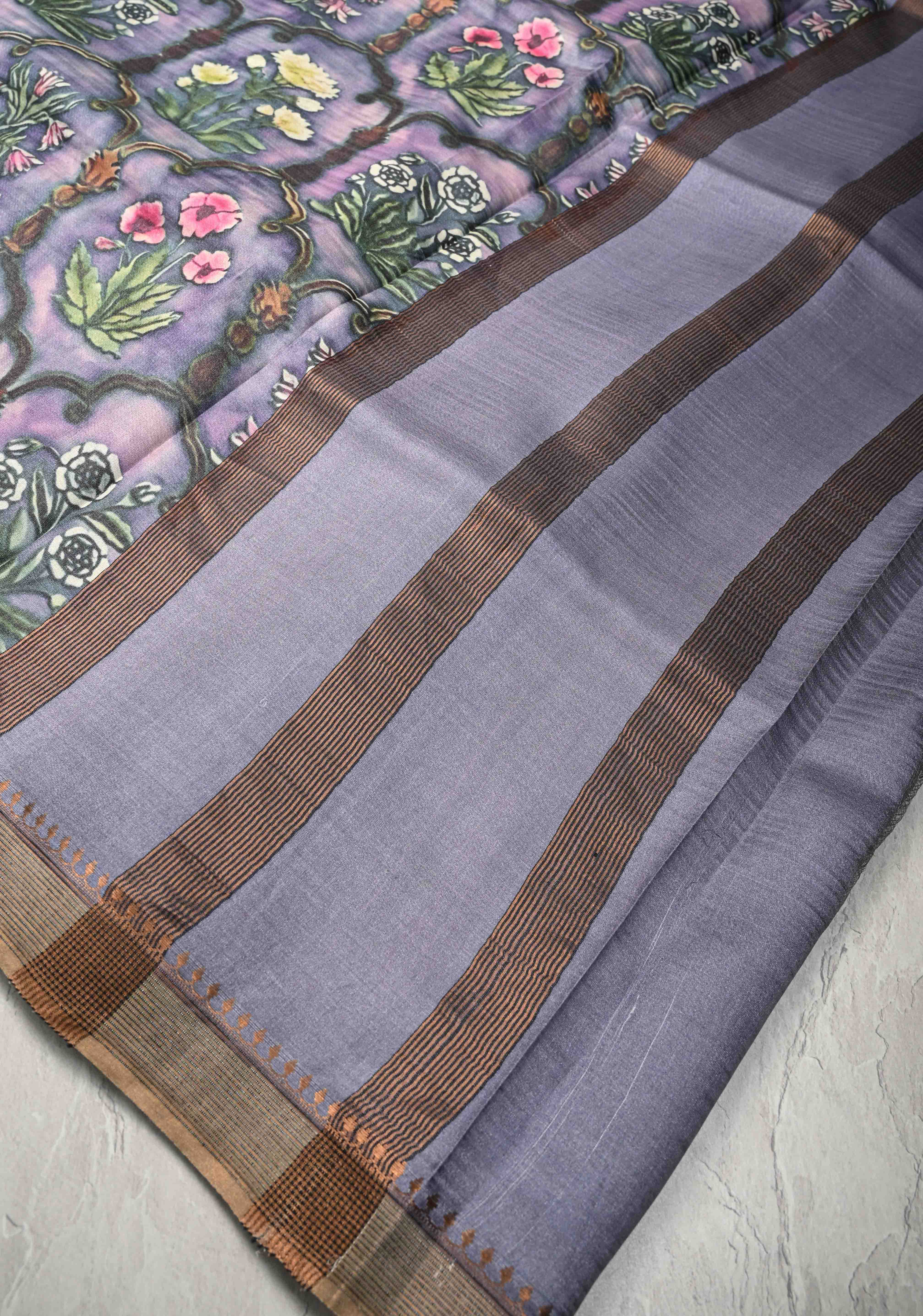 Pink-Lilac Tussar Silk saree with Floral Digital Print and Minimal Border | SILK MARK CERTIFIED | Shobitam