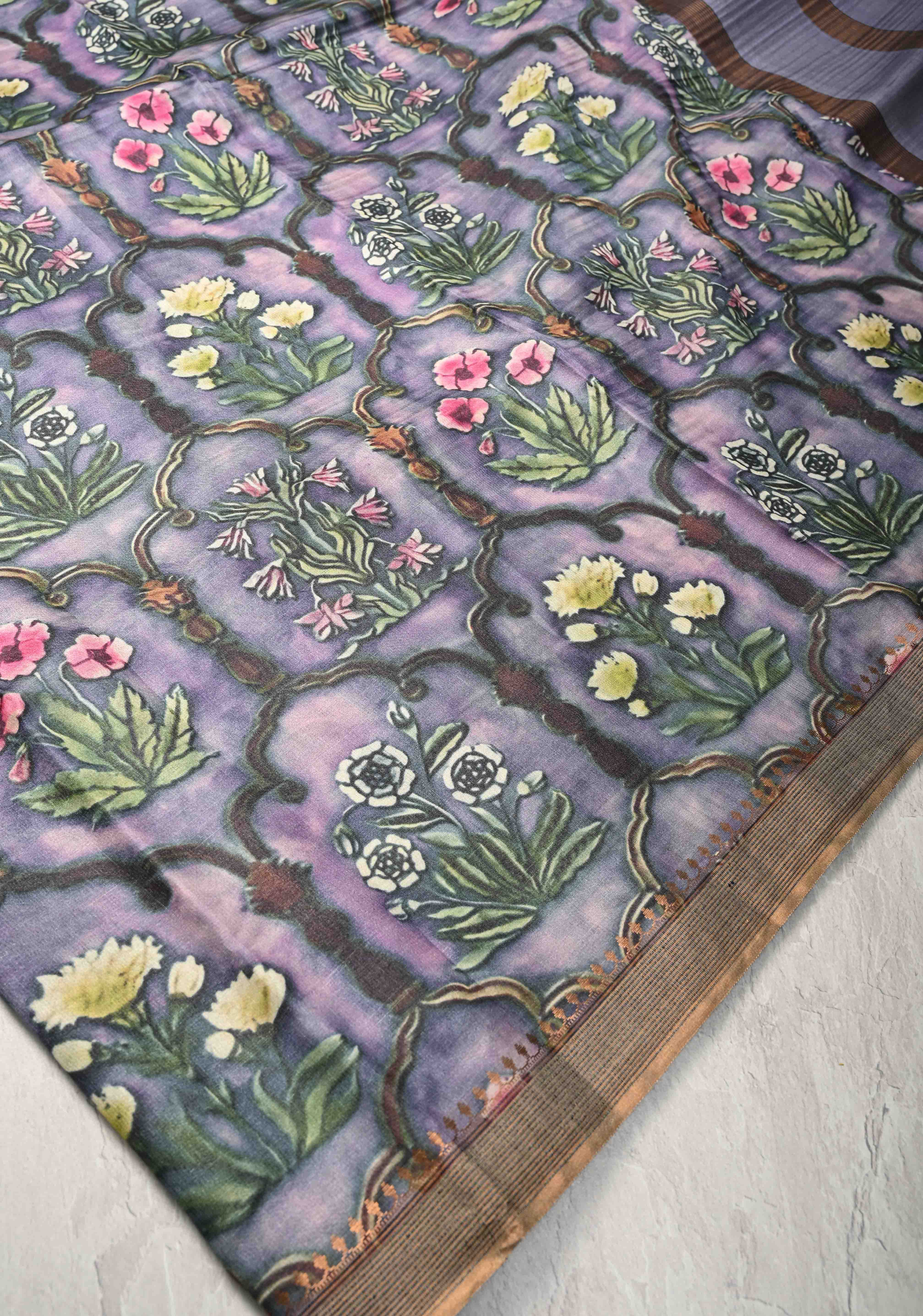 Pink-Lilac Tussar Silk saree with Floral Digital Print and Minimal Border | SILK MARK CERTIFIED | Shobitam