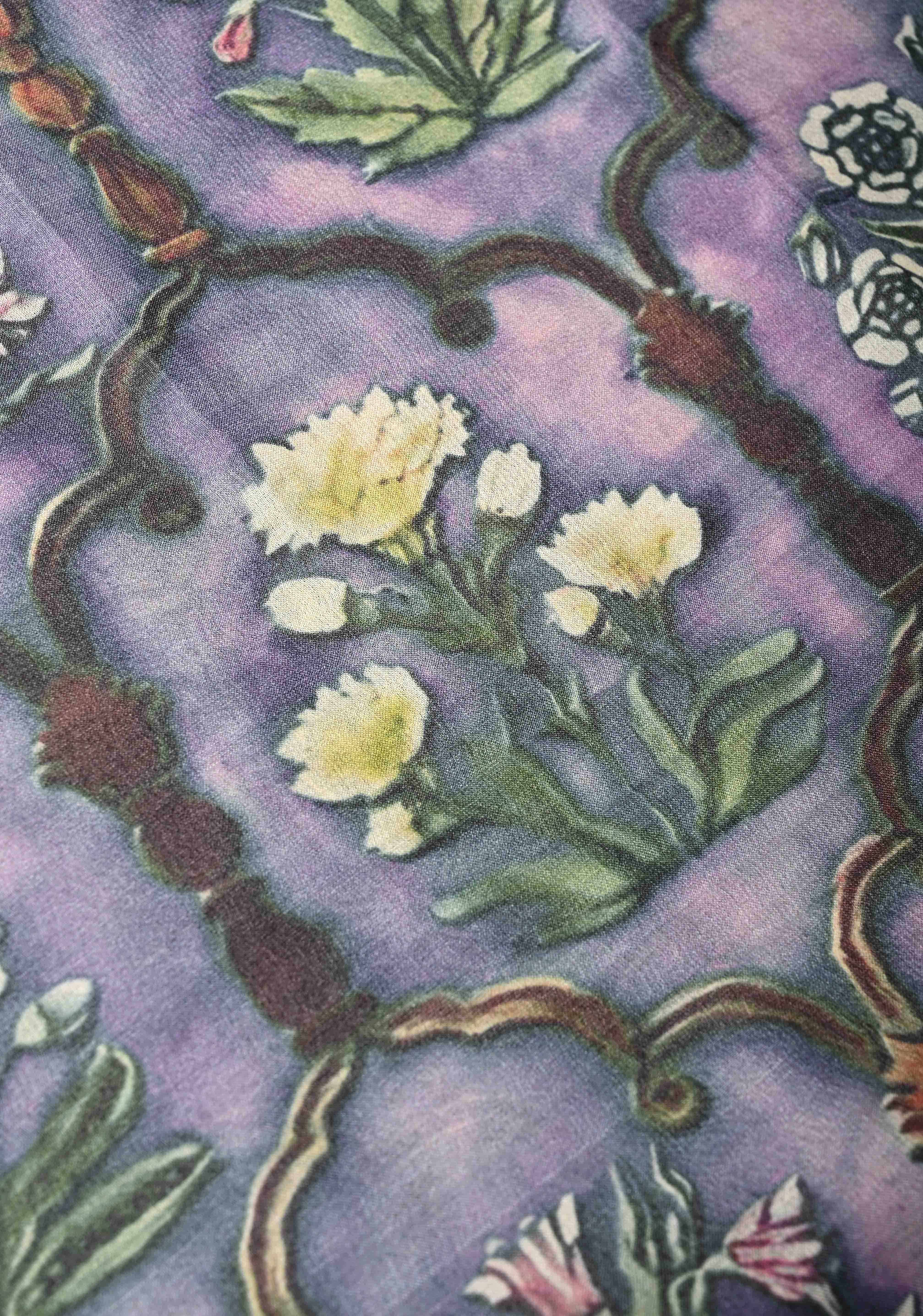 Pink-Lilac Tussar Silk saree with Floral Digital Print and Minimal Border | SILK MARK CERTIFIED | Shobitam