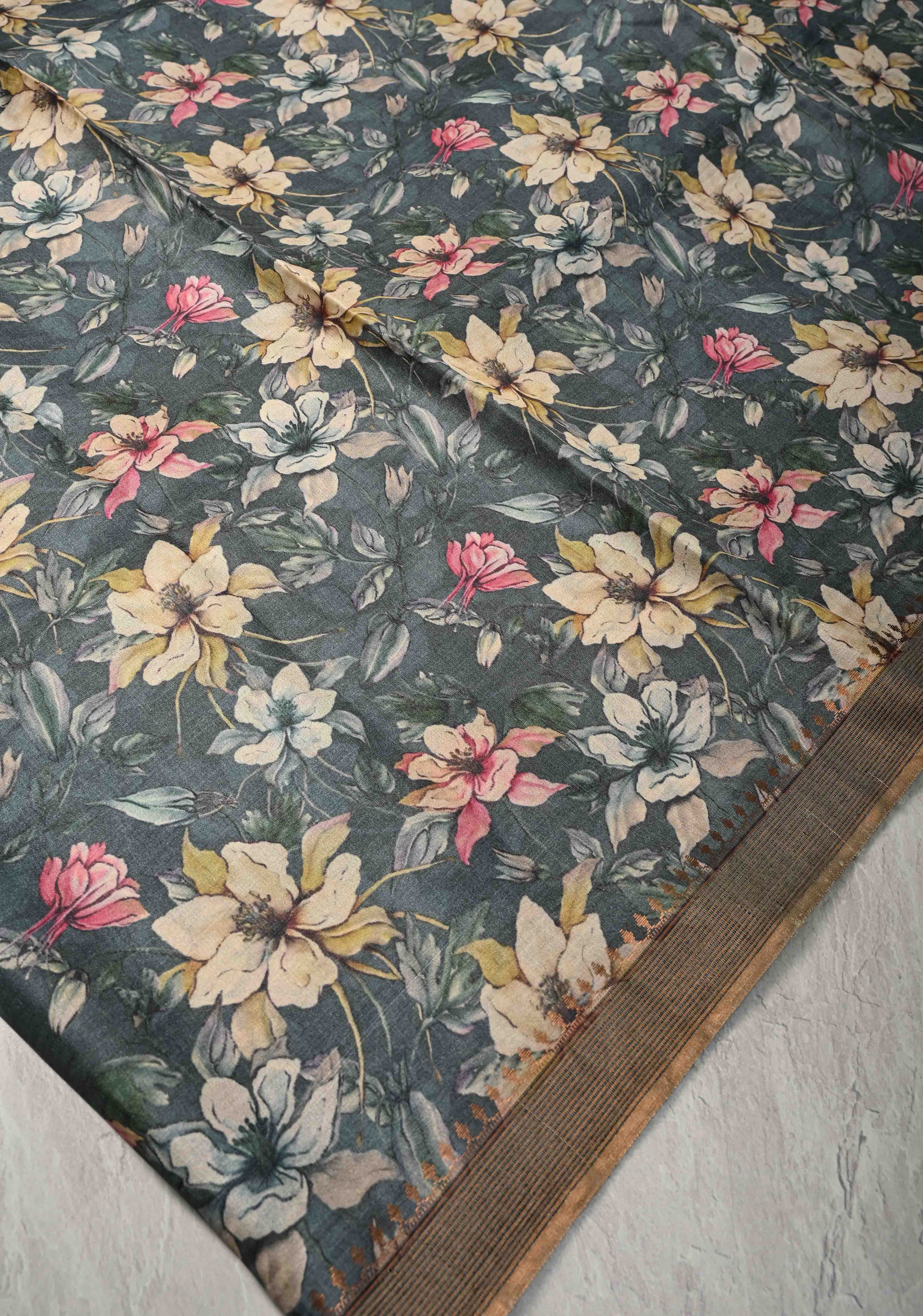 Bluish Gray Tussar Silk saree with Floral Digital Print and Minimal Muted Zari Border | SILK MARK CERTIFIED | Shobitam