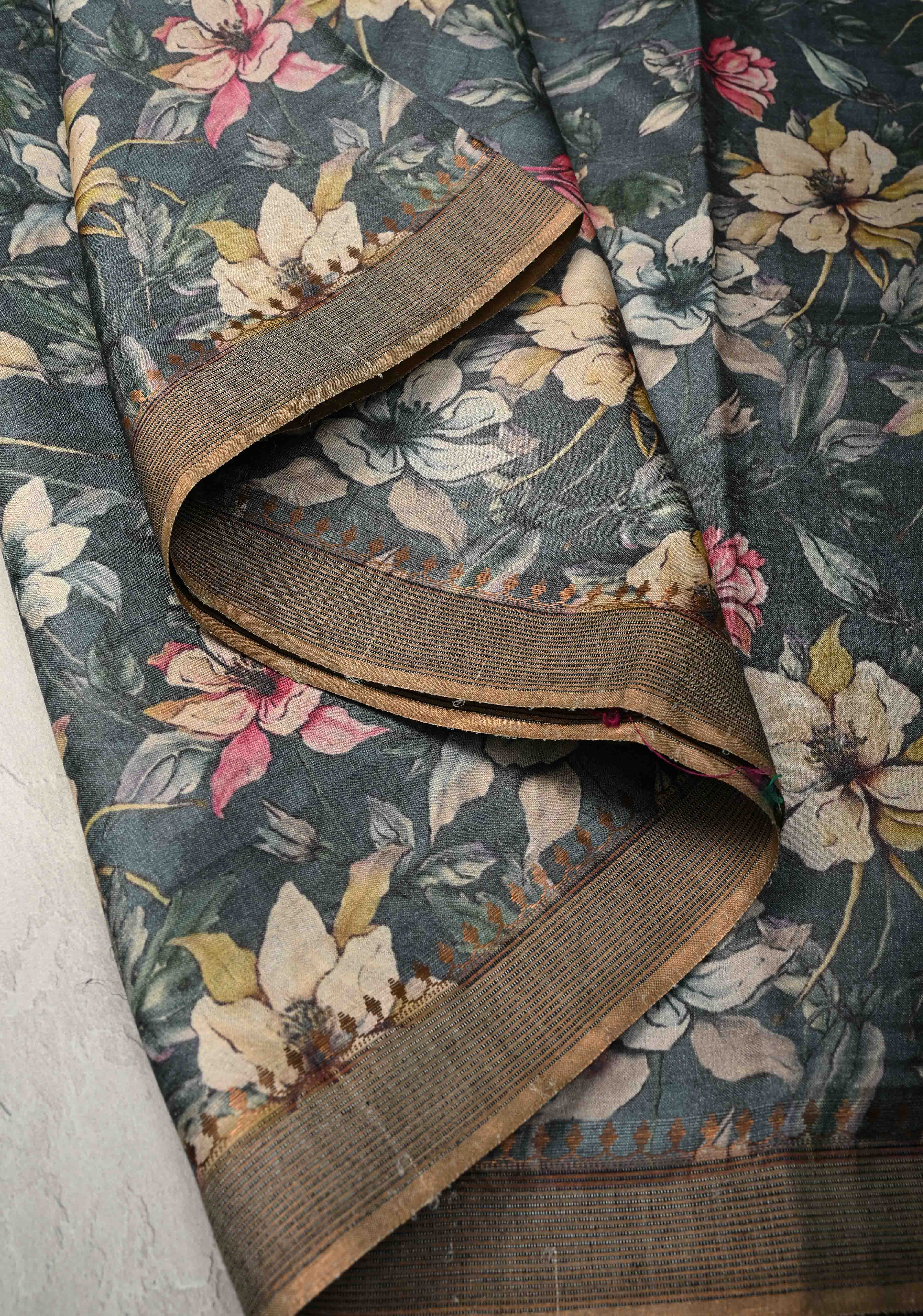 Bluish Gray Tussar Silk saree with Floral Digital Print and Minimal Muted Zari Border | SILK MARK CERTIFIED | Shobitam