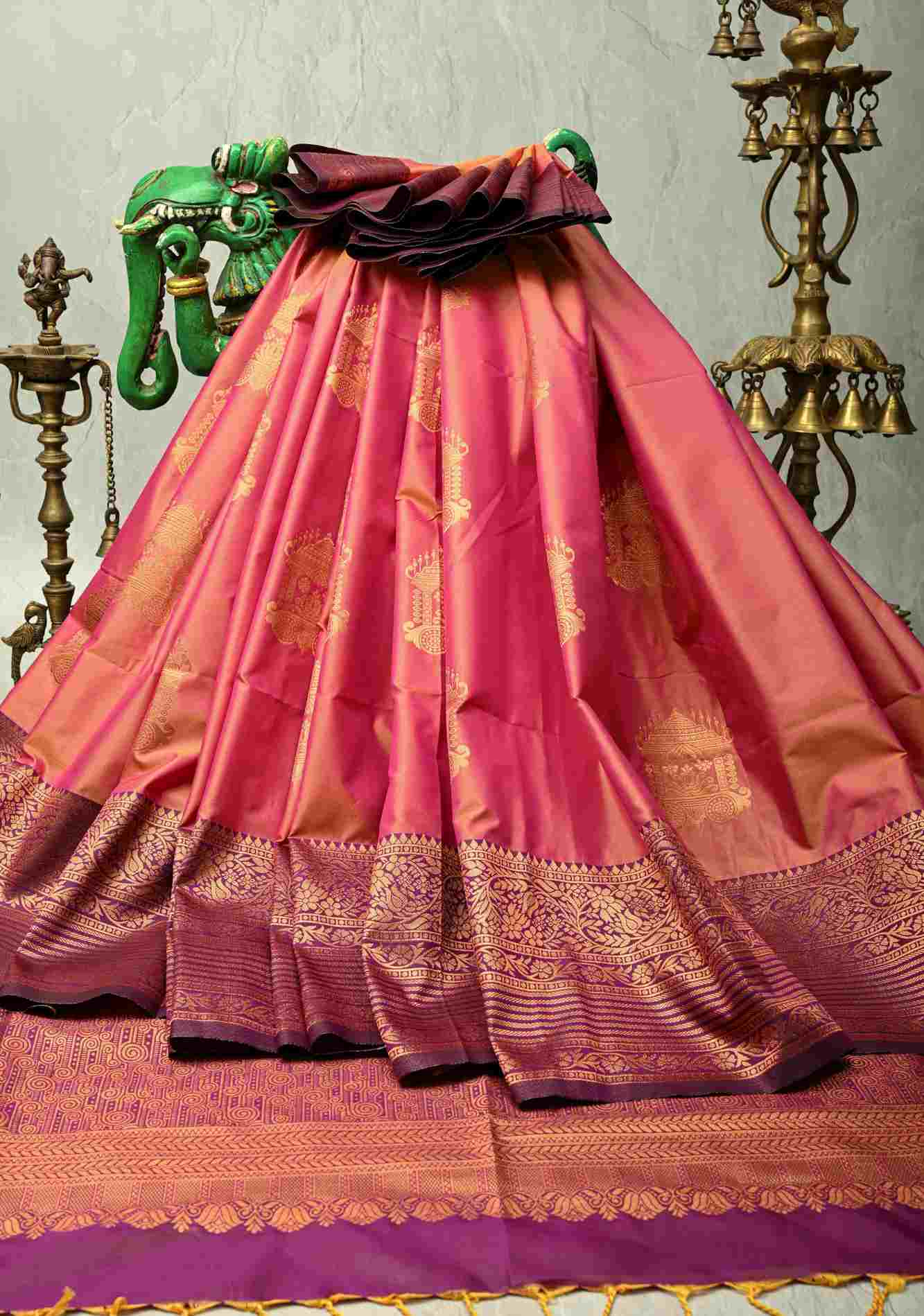 Pink-Peach Dual tone Kanchi Semi Silk Saree with Temple Chariot Zari Buttas and Zari Border  Ready To Wear Saree