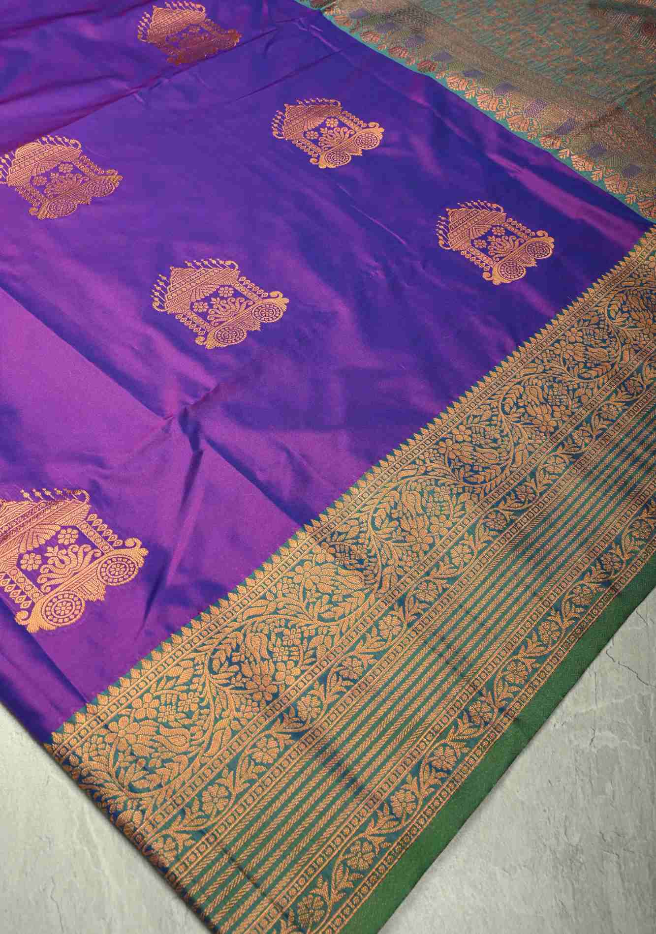 Purple Dual tone Kanchi Semi Silk Saree with Temple Chariot Zari Buttas and Contrast Zari Border Ready To Wear Saree