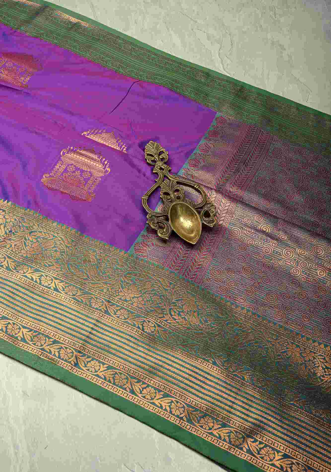 Purple Dual tone Kanchi Semi Silk Saree with Temple Chariot Zari Buttas and Contrast Zari Border Ready To Wear Saree