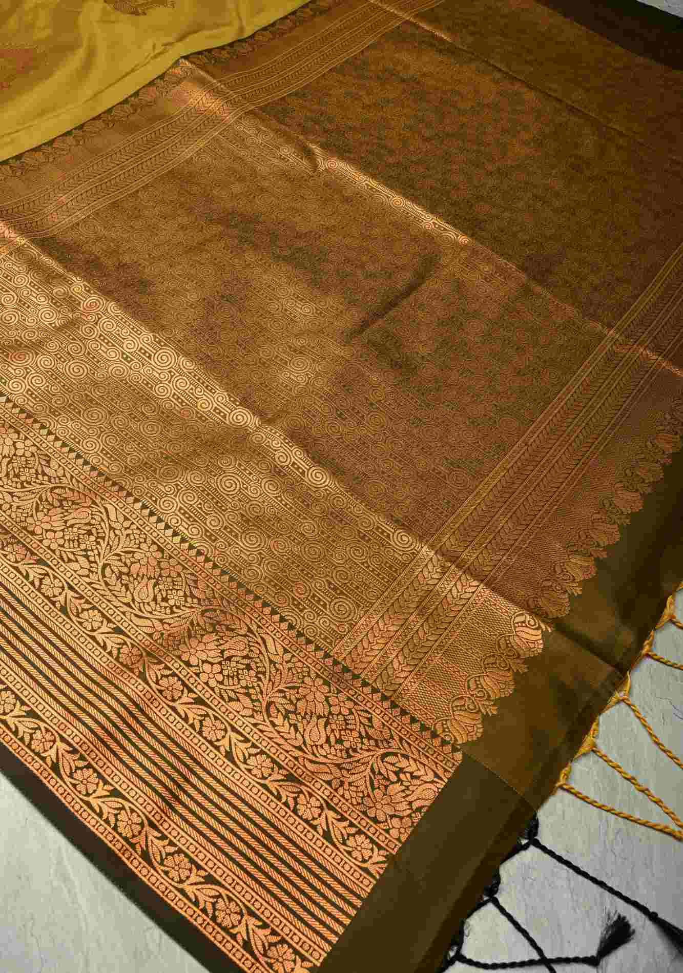Methi Yellow Kanchi Semi Silk Saree with Temple Chariot Zari Buttas and Contrast Zari Border Pre stitch saree