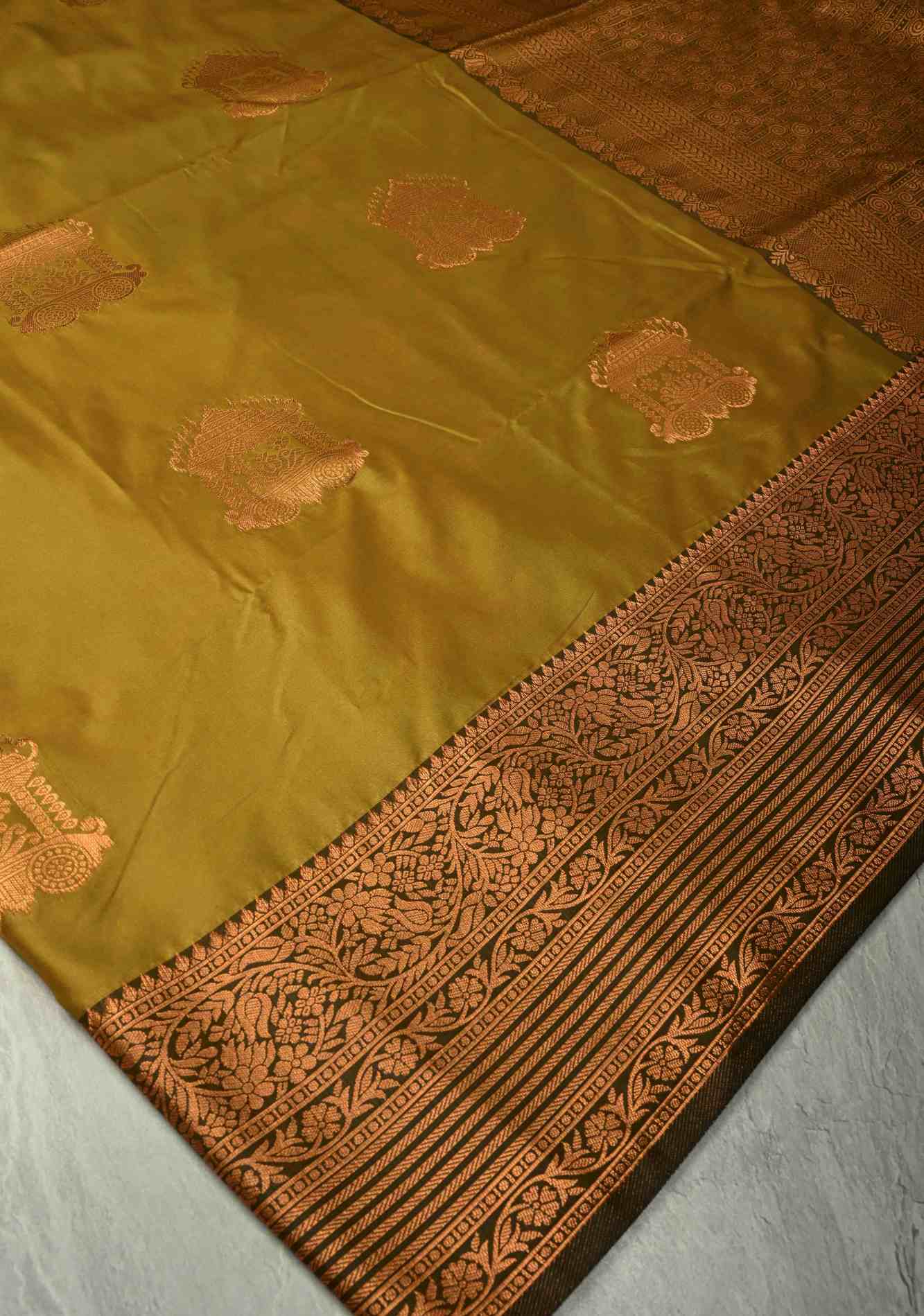 Methi Yellow Kanchi Semi Silk Saree with Temple Chariot Zari Buttas and Contrast Zari Border Pre stitch saree