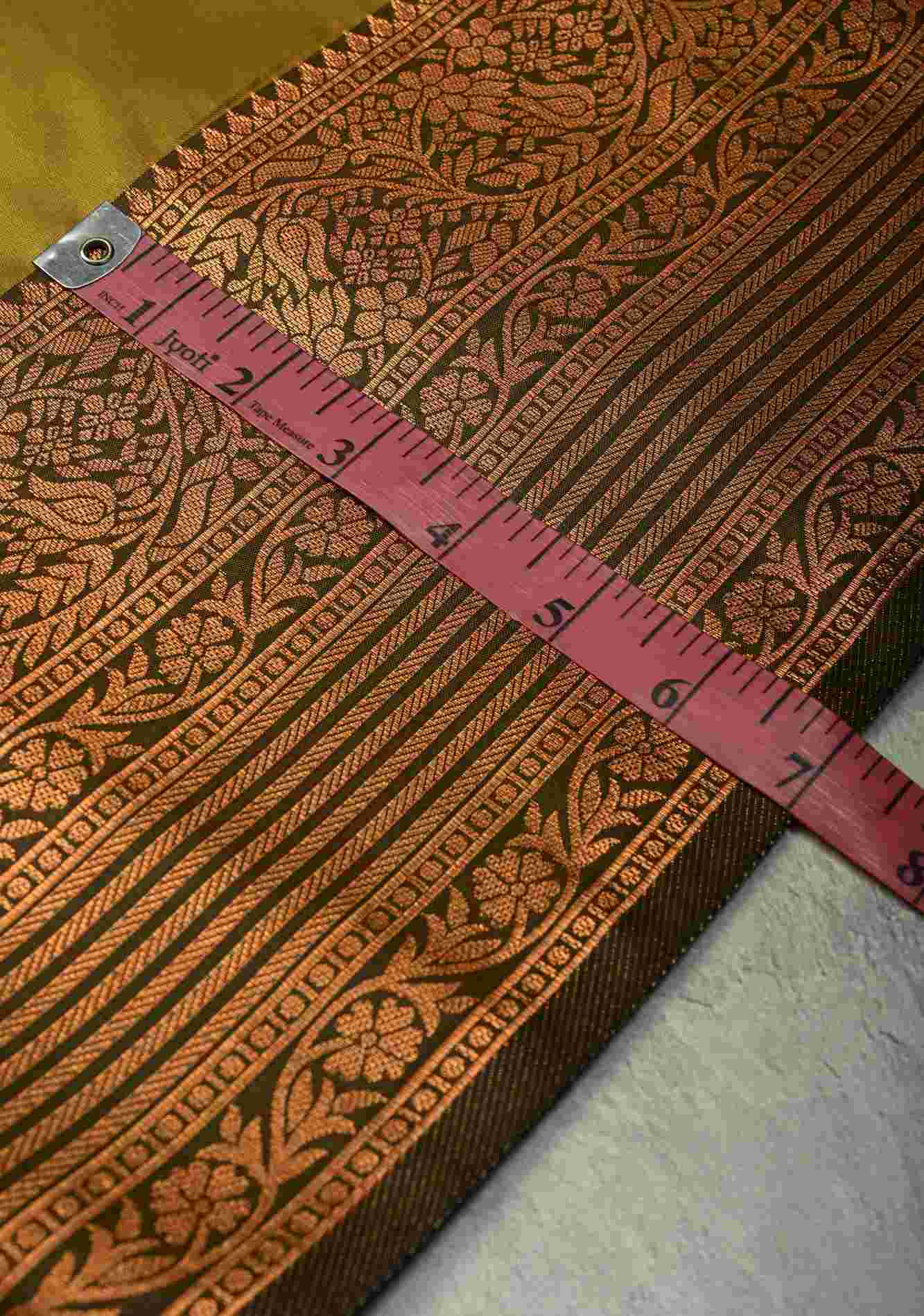 Methi Yellow Kanchi Semi Silk Saree with Temple Chariot Zari Buttas and Contrast Zari Border Pre stitch saree