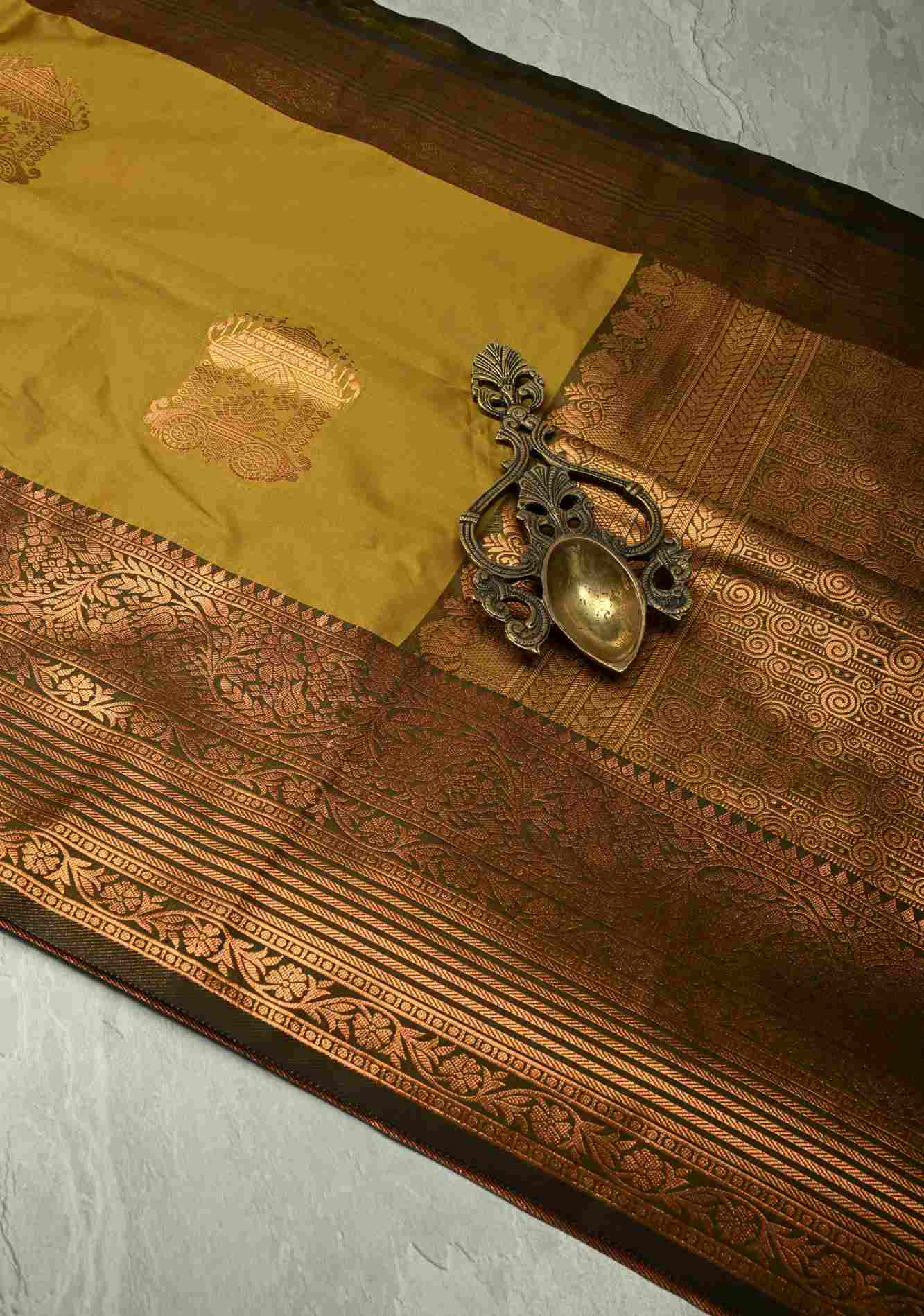 Methi Yellow Kanchi Semi Silk Saree with Temple Chariot Zari Buttas and Contrast Zari Border Pre stitch saree