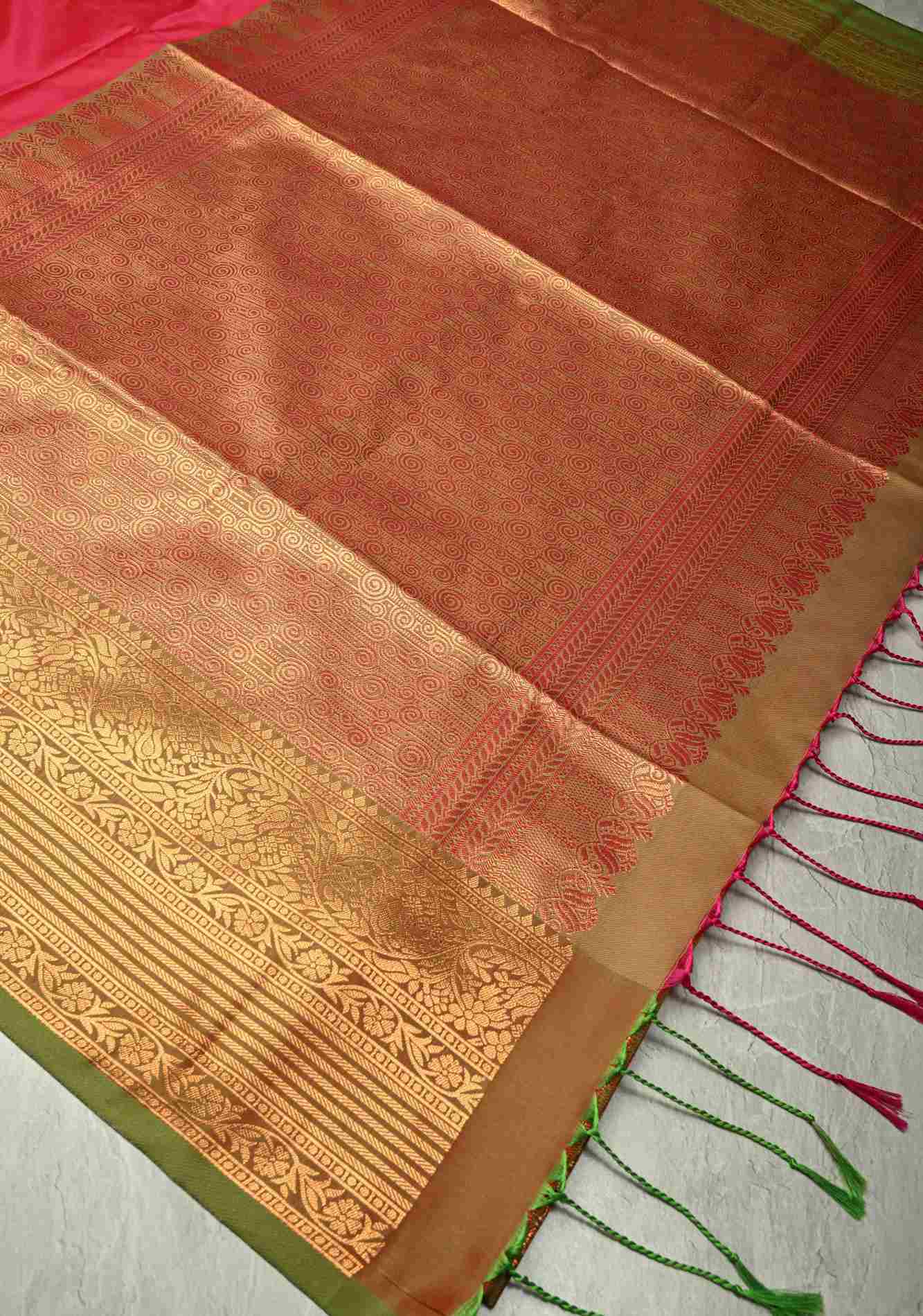 Fiery Rose Kanchi Semi Silk Saree with Zari Buttas and Contrast Zari Border Prestitch saree