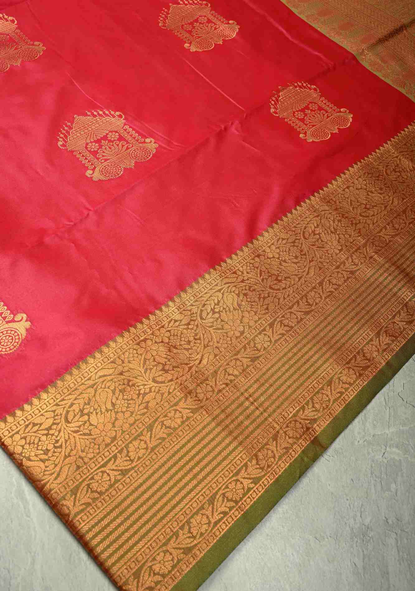 Fiery Rose Kanchi Semi Silk Saree with Zari Buttas and Contrast Zari Border Prestitch saree