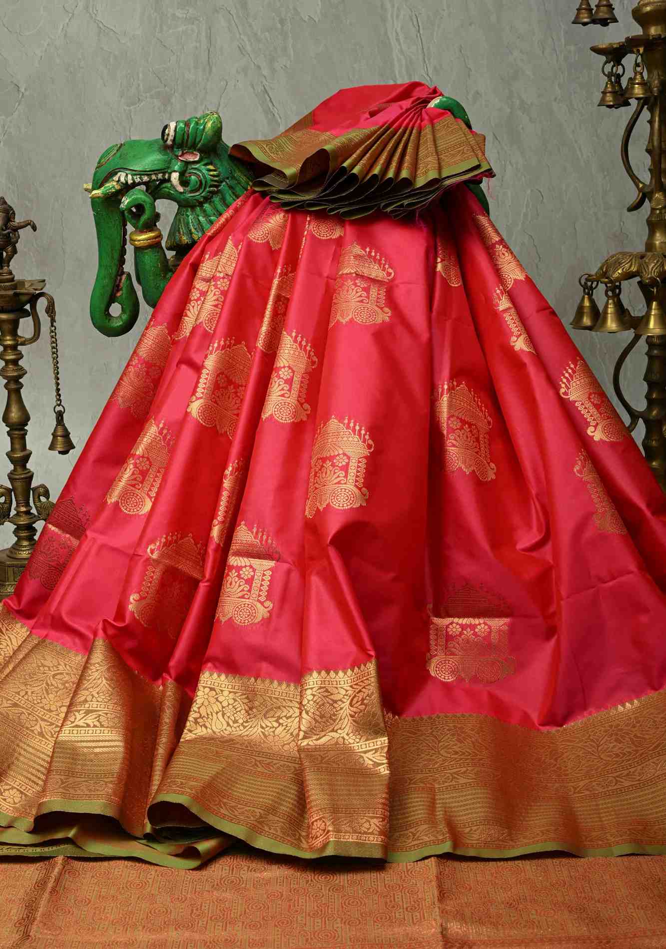 Fiery Rose Kanchi Semi Silk Saree with Zari Buttas and Contrast Zari Border Prestitch saree