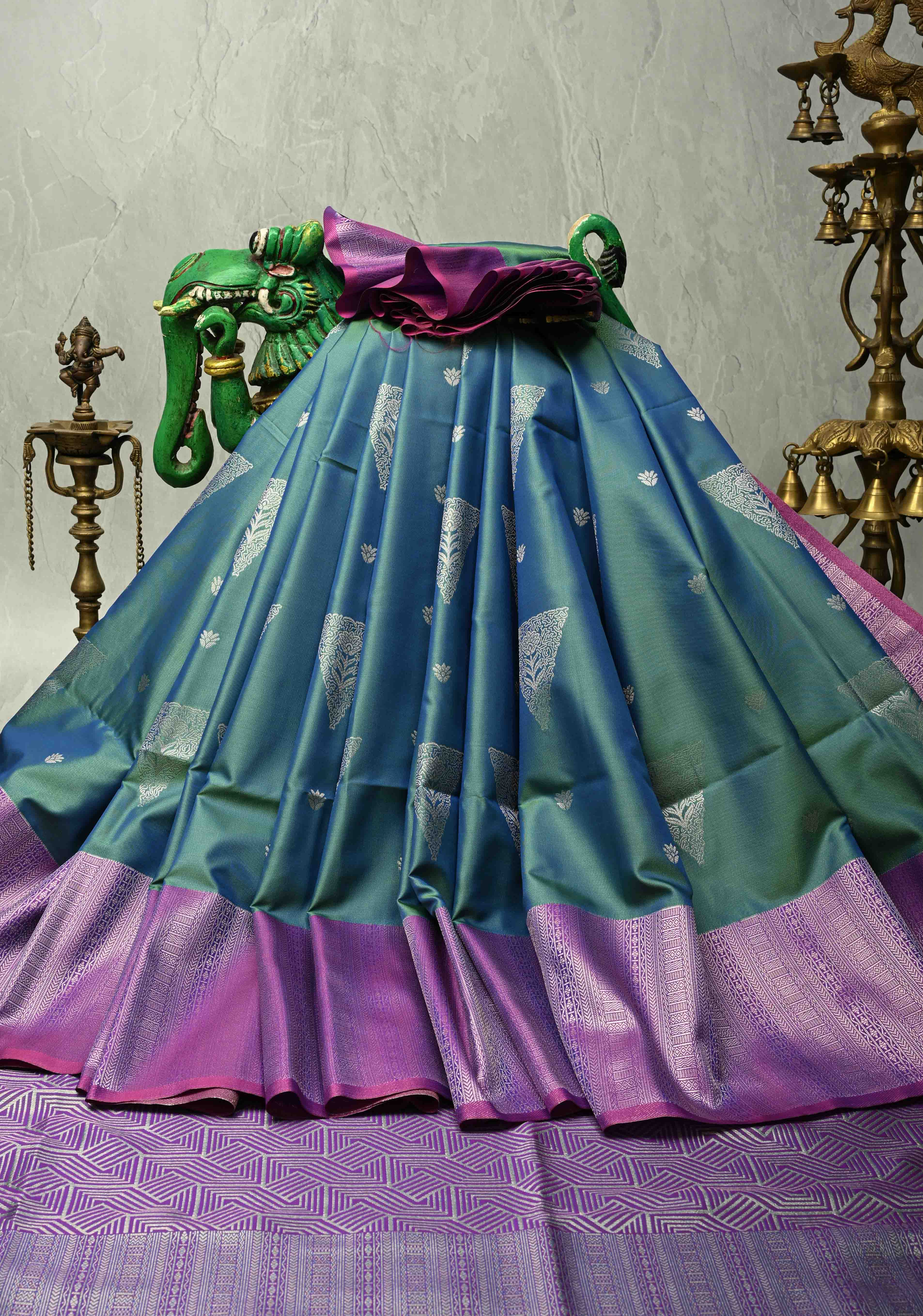 Teal Dual Tone Kanchi Semi Silk Saree with Silver Zari Buttas and Contrast Wide Zari Border | Shobitam