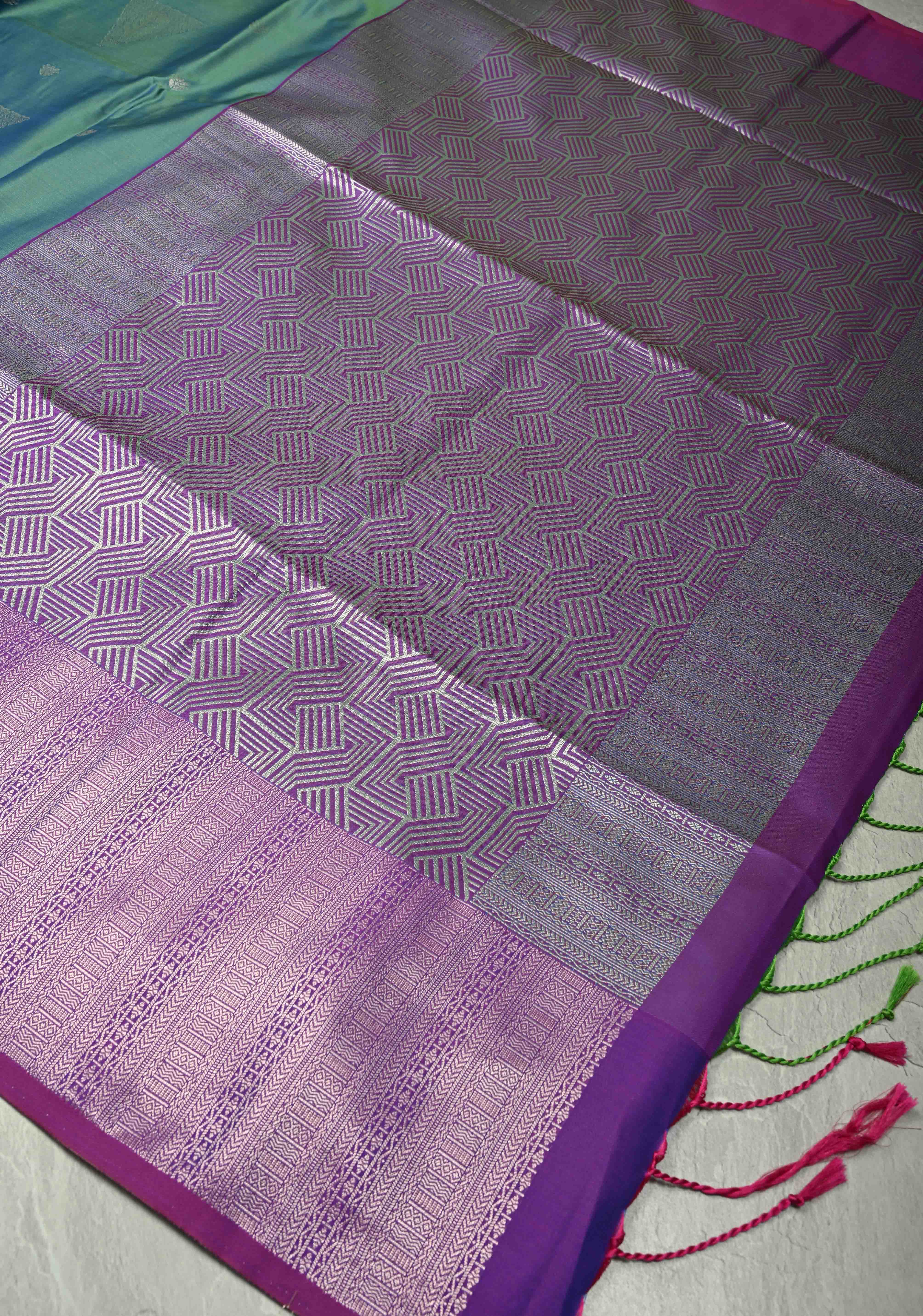 Teal Dual Tone Kanchi Semi Silk Saree with Silver Zari Buttas and Contrast Wide Zari Border | Shobitam