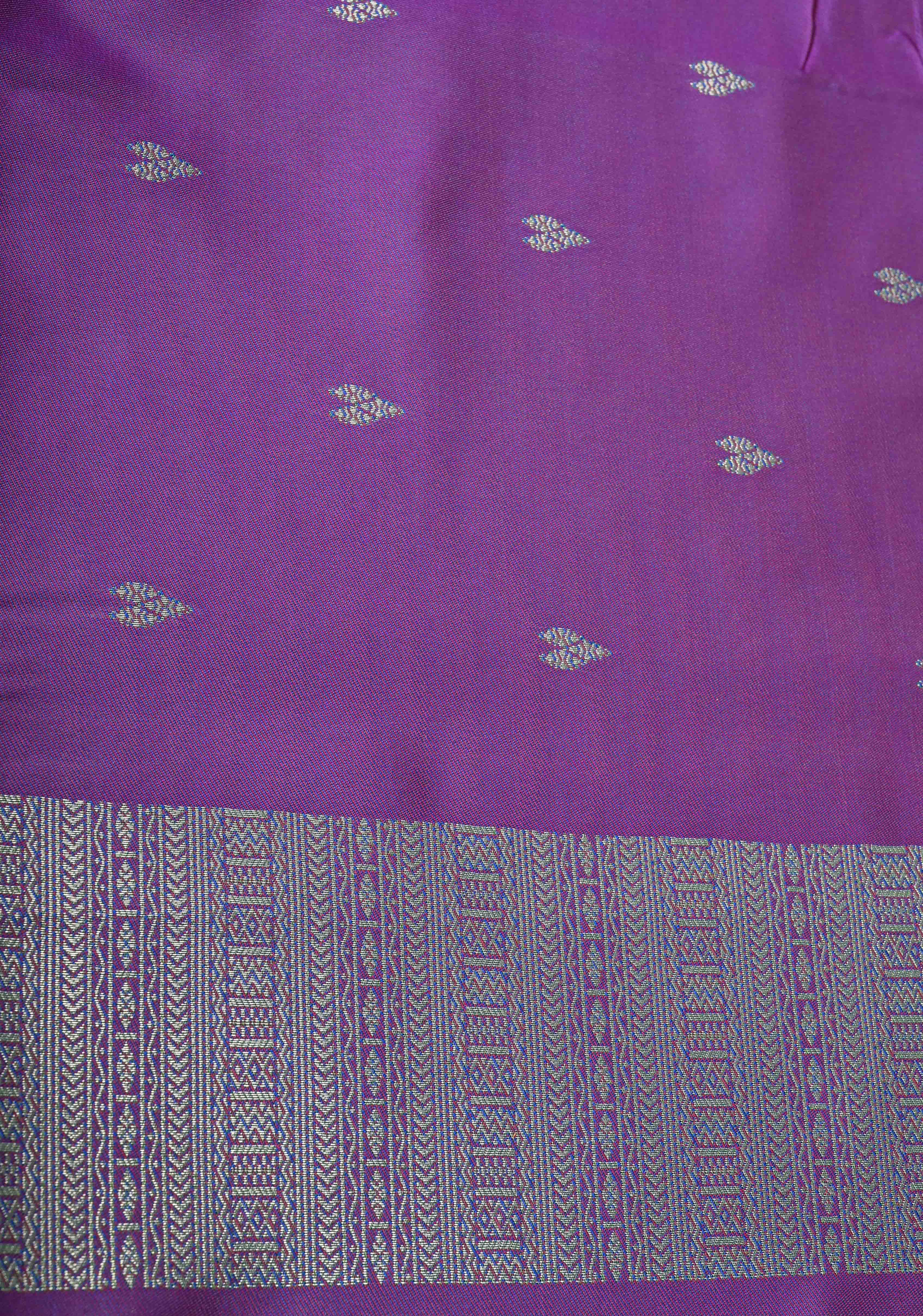 Teal Dual Tone Kanchi Semi Silk Saree with Silver Zari Buttas and Contrast Wide Zari Border | Shobitam
