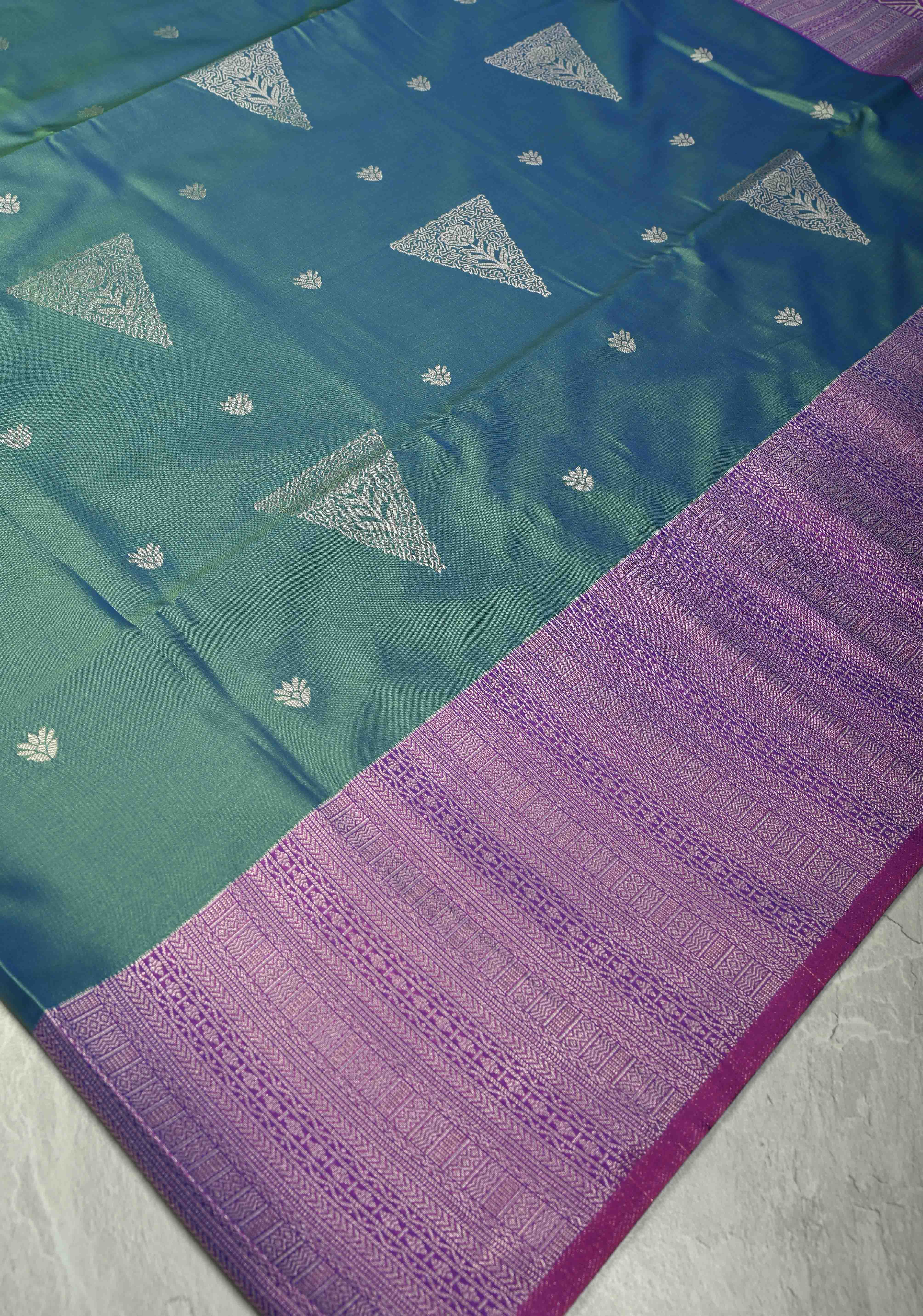 Teal Dual Tone Kanchi Semi Silk Saree with Silver Zari Buttas and Contrast Wide Zari Border | Shobitam