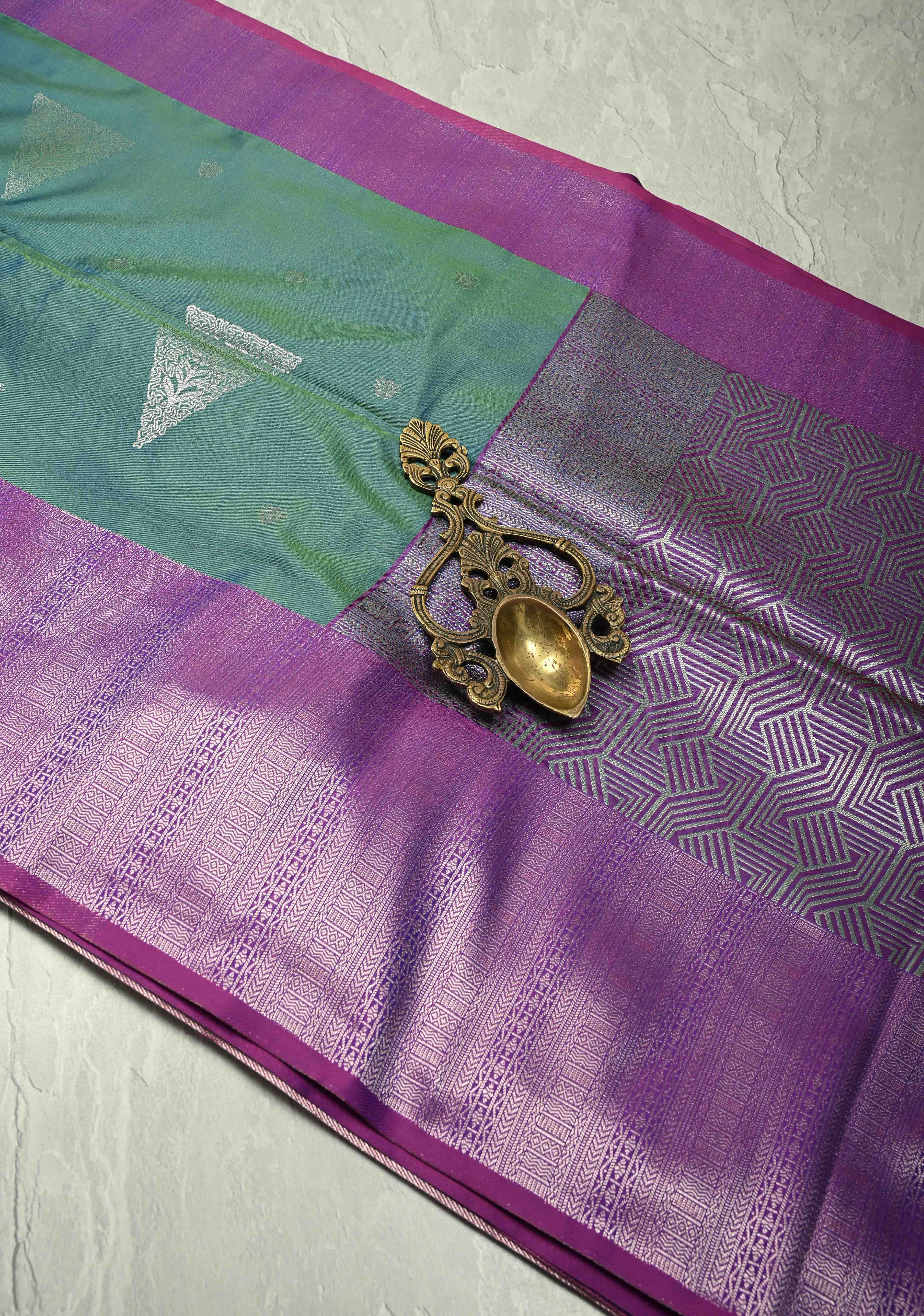 Teal Dual Tone Kanchi Semi Silk Saree with Silver Zari Buttas and Contrast Wide Zari Border | Shobitam