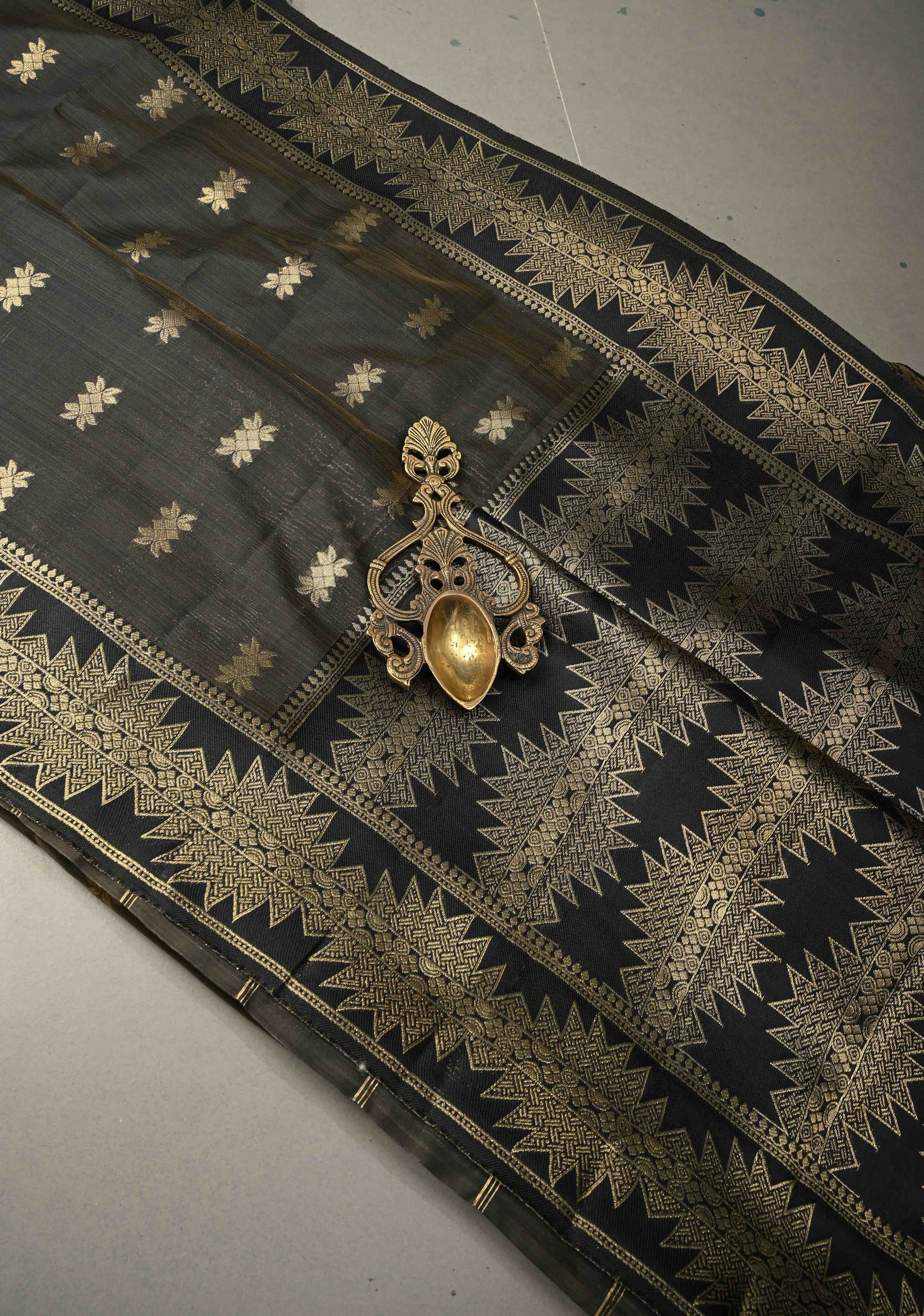 Blackish Brown Kanjivaram Semi Silk Saree with Zari Buttas and Fancy Zari Border | Shobitam