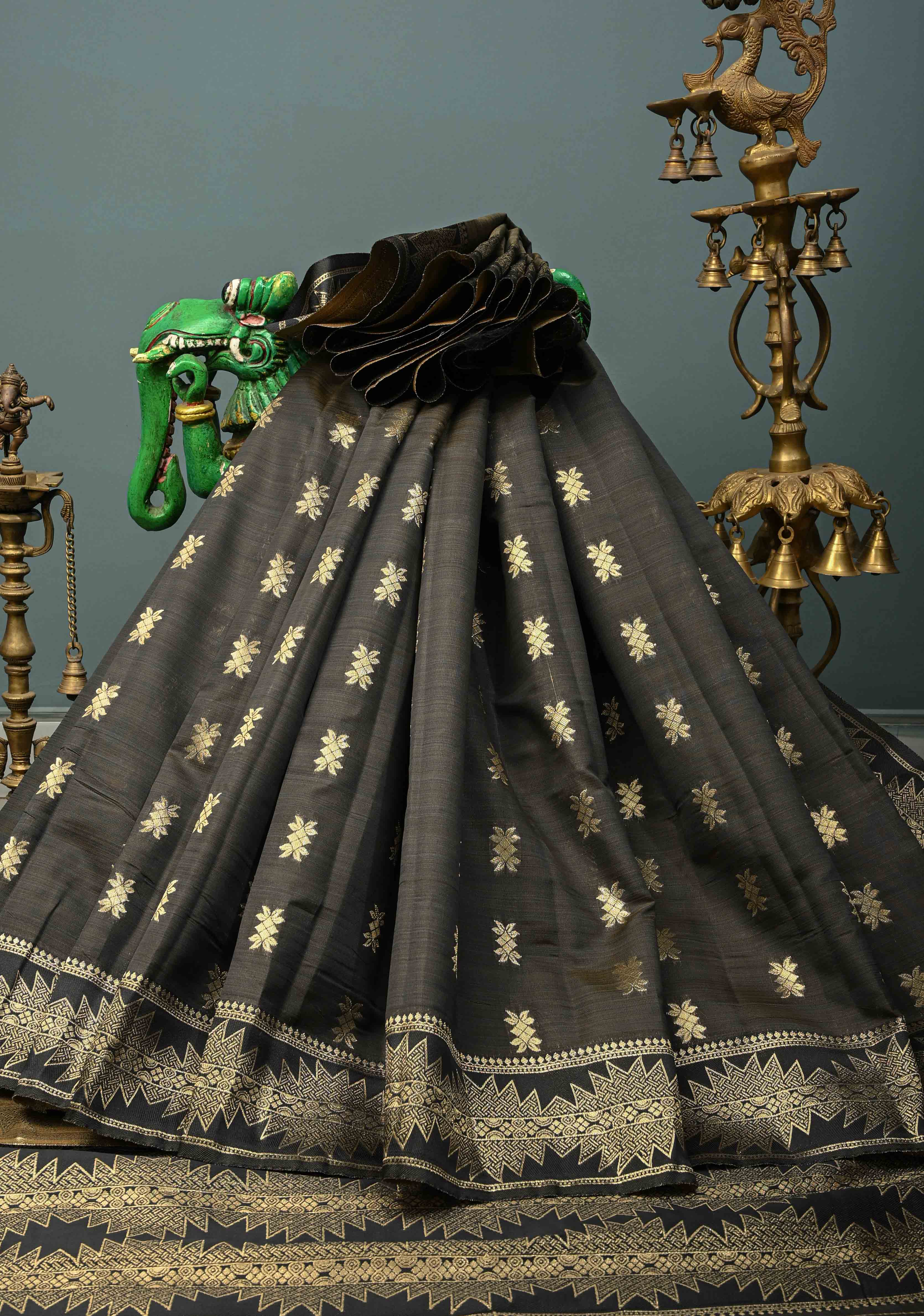 Blackish Brown Kanjivaram Semi Silk Saree with Zari Buttas and Fancy Zari Border | Shobitam