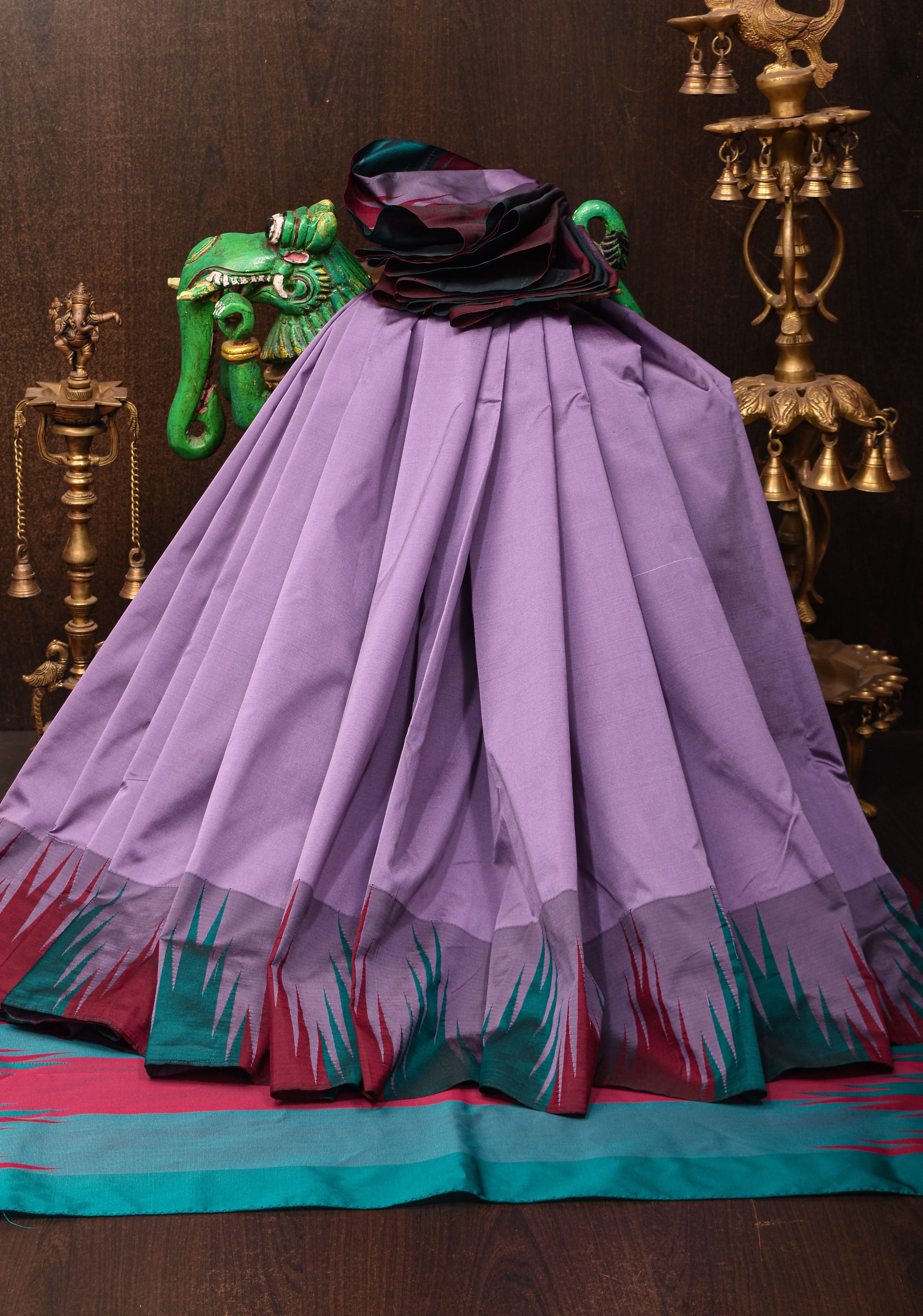 Dull Purple Tone and Two Color Temple Border on Art Silk Saree | Shobitam
