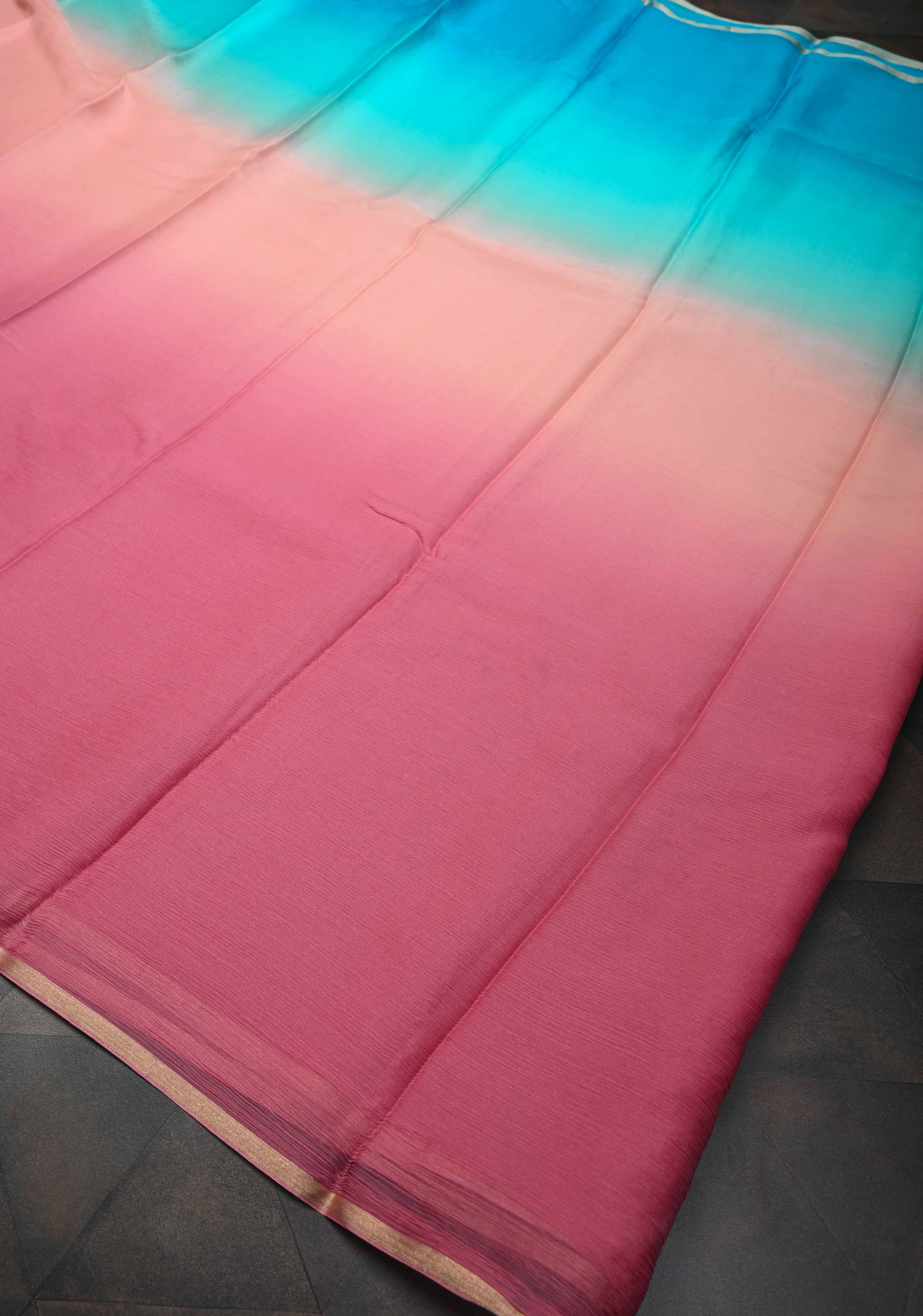 Multicolor Bollywood style ombré pure chiffon saree in shades of Blue and Pink, No Blouse Piece | Shobitam
