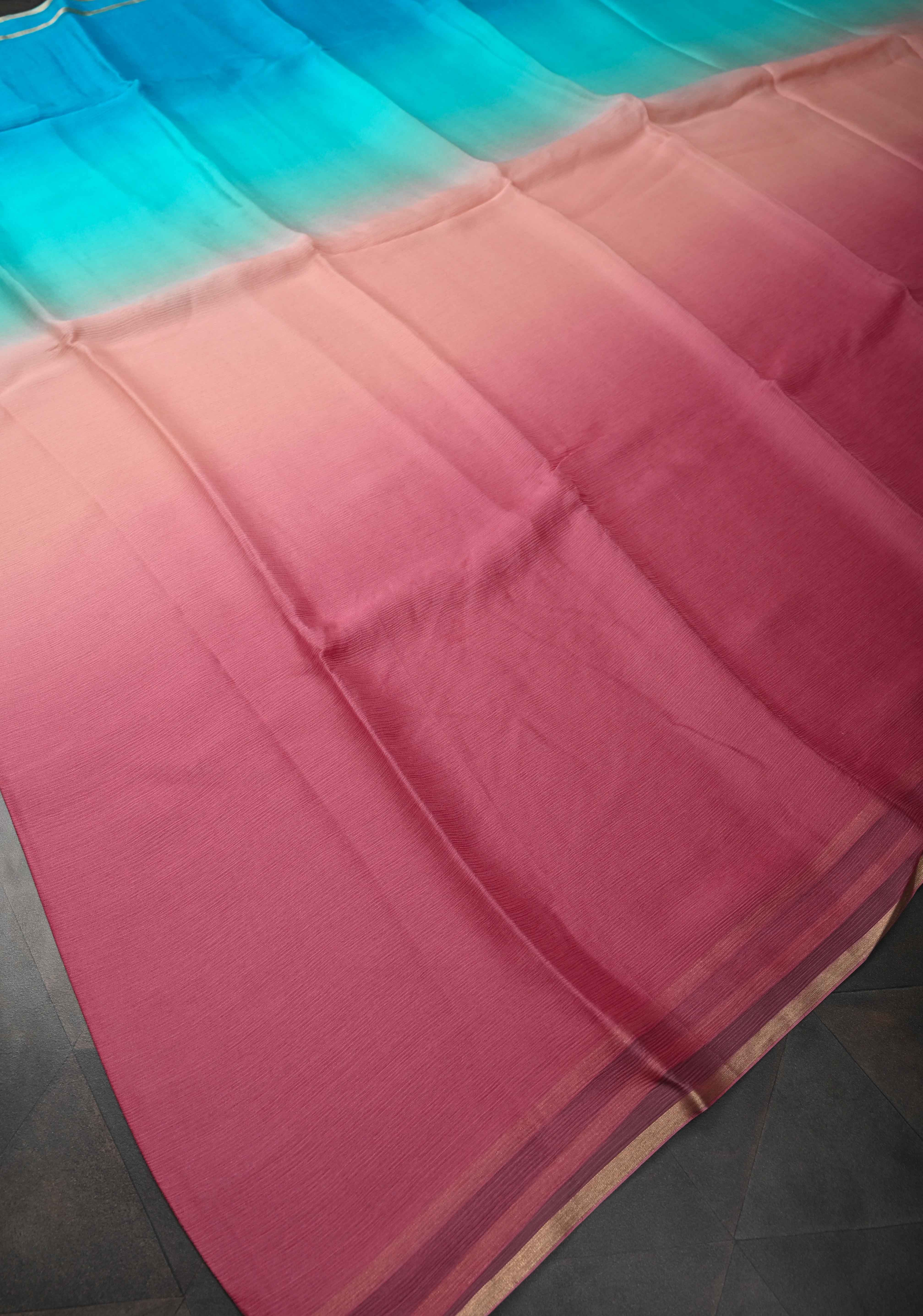 Multicolor Bollywood style ombré pure chiffon saree in shades of Blue and Pink, No Blouse Piece | Shobitam
