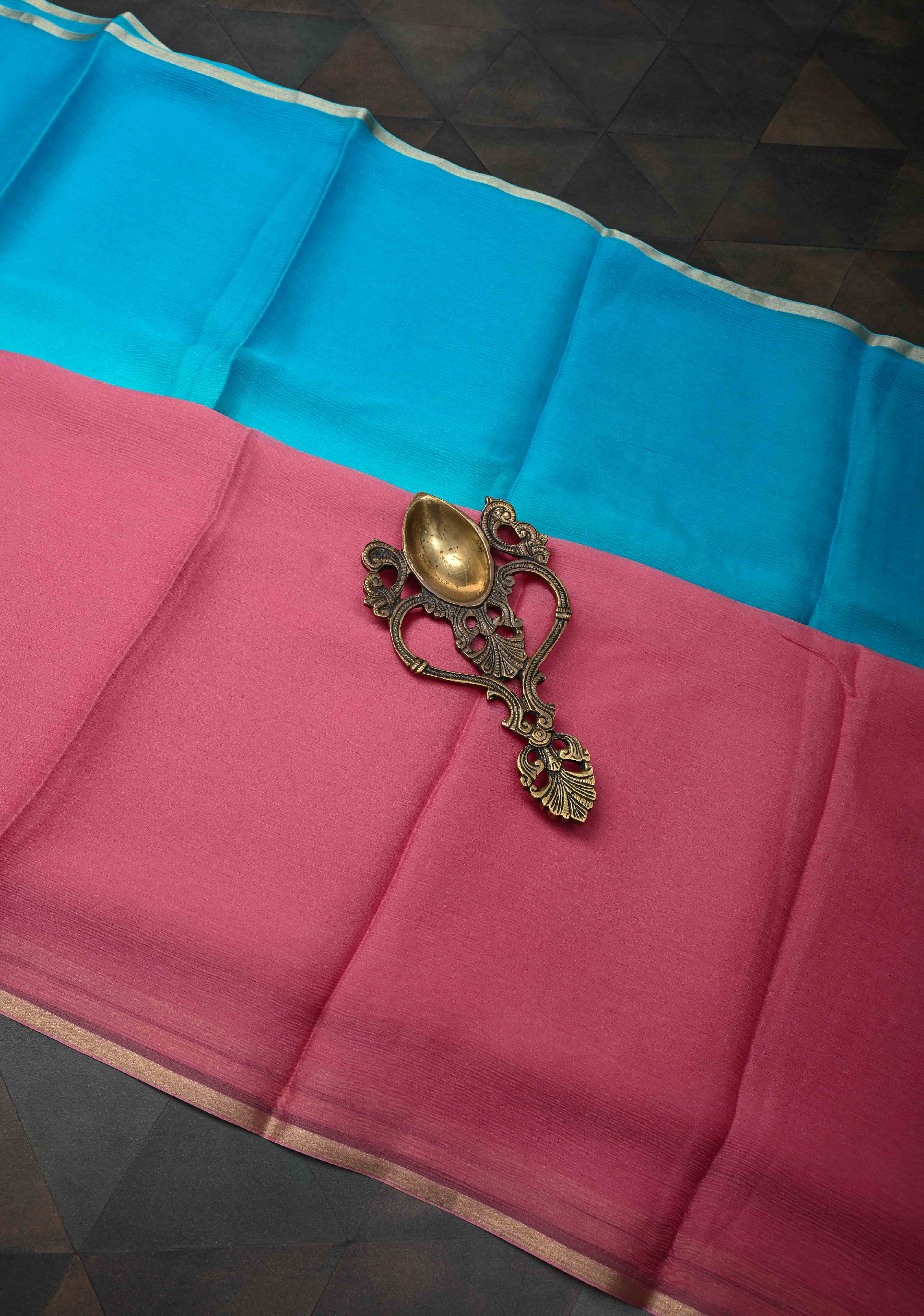 Multicolor Bollywood style ombré pure chiffon saree in shades of Blue and Pink, No Blouse Piece | Shobitam