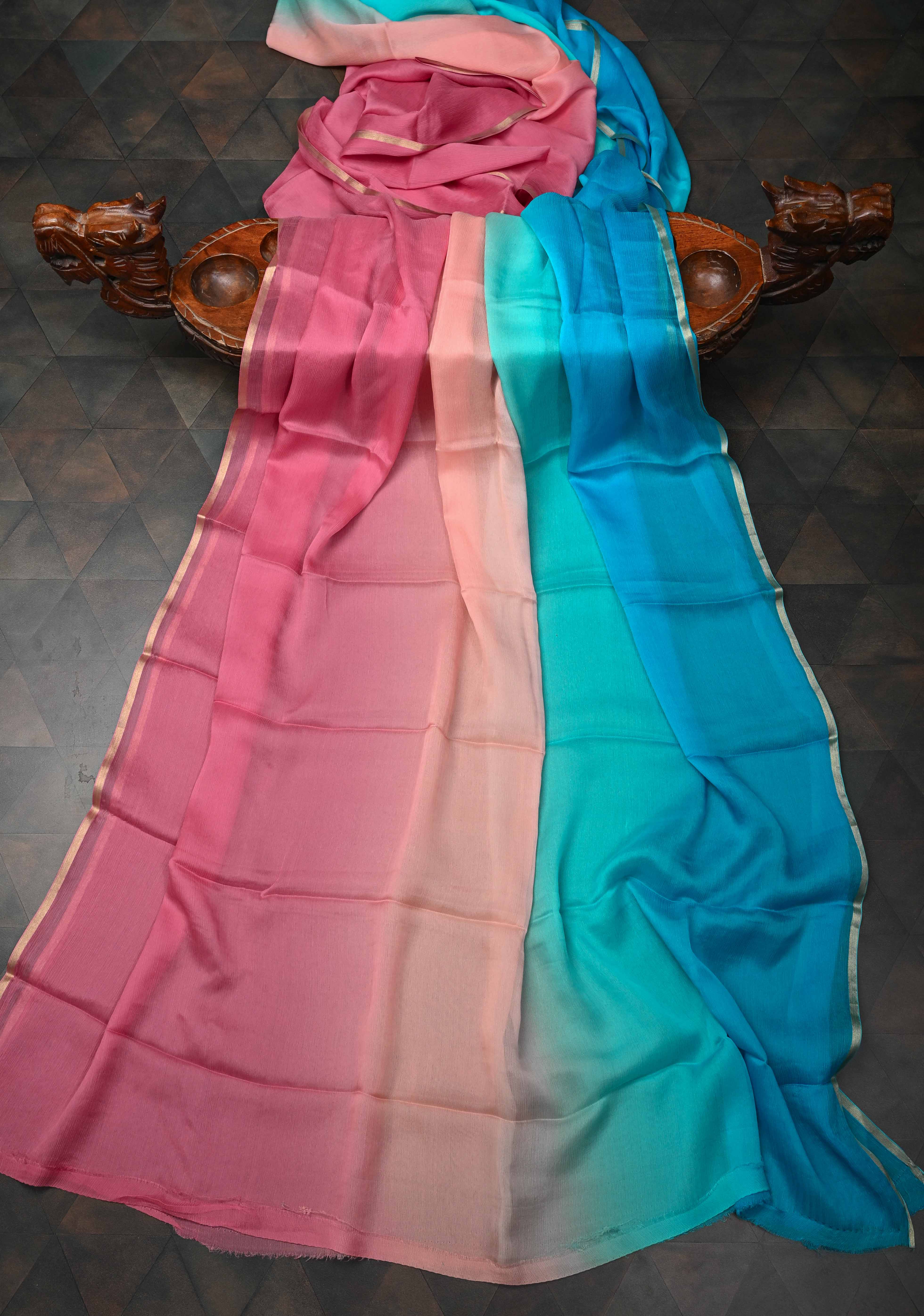 Multicolor Bollywood style ombré pure chiffon saree in shades of Blue and Pink, No Blouse Piece | Shobitam