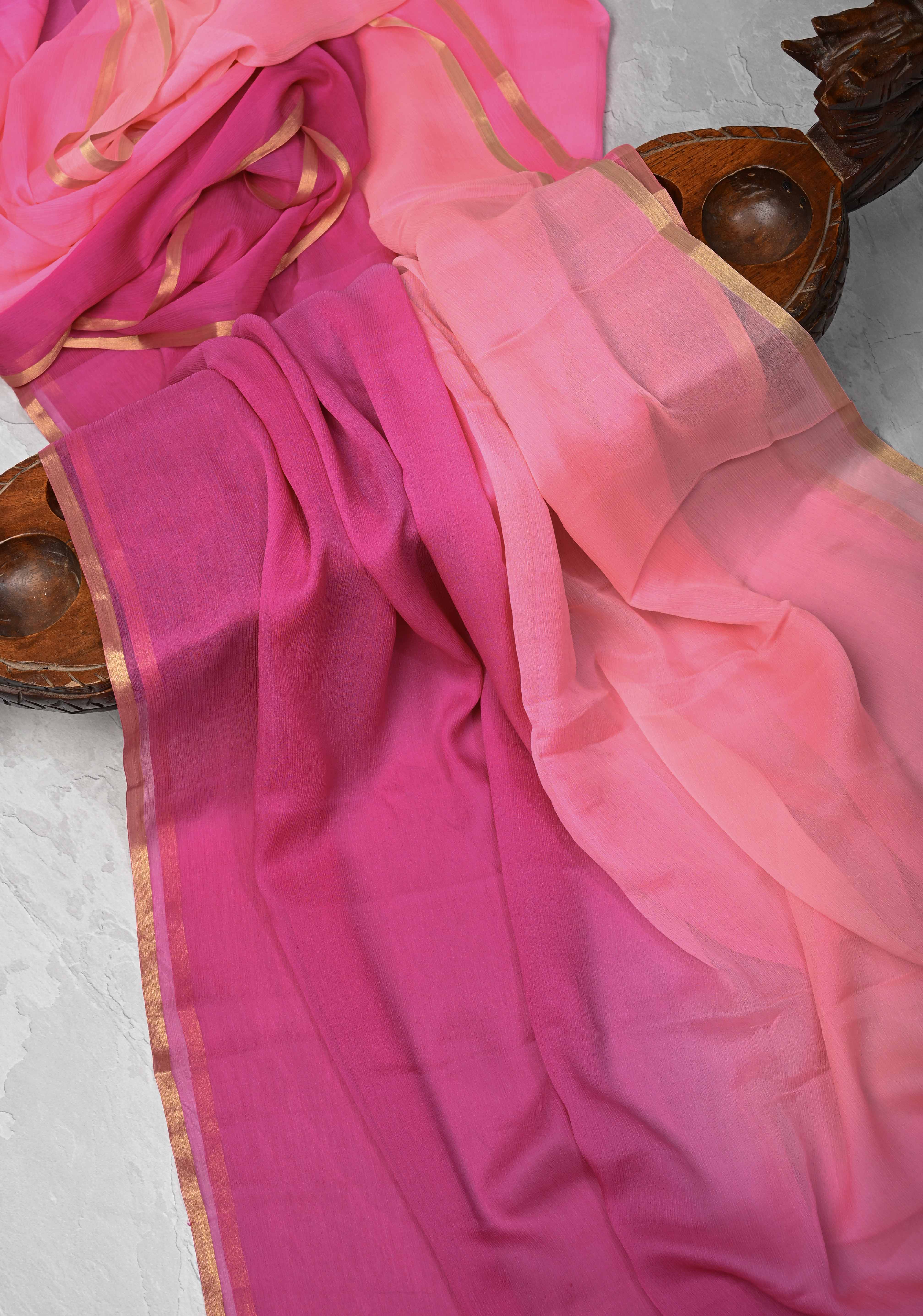 Bollywood style ombre pure chiffon Saree in Coral and Blush Pink, No Blouse Piece | Shobitam
