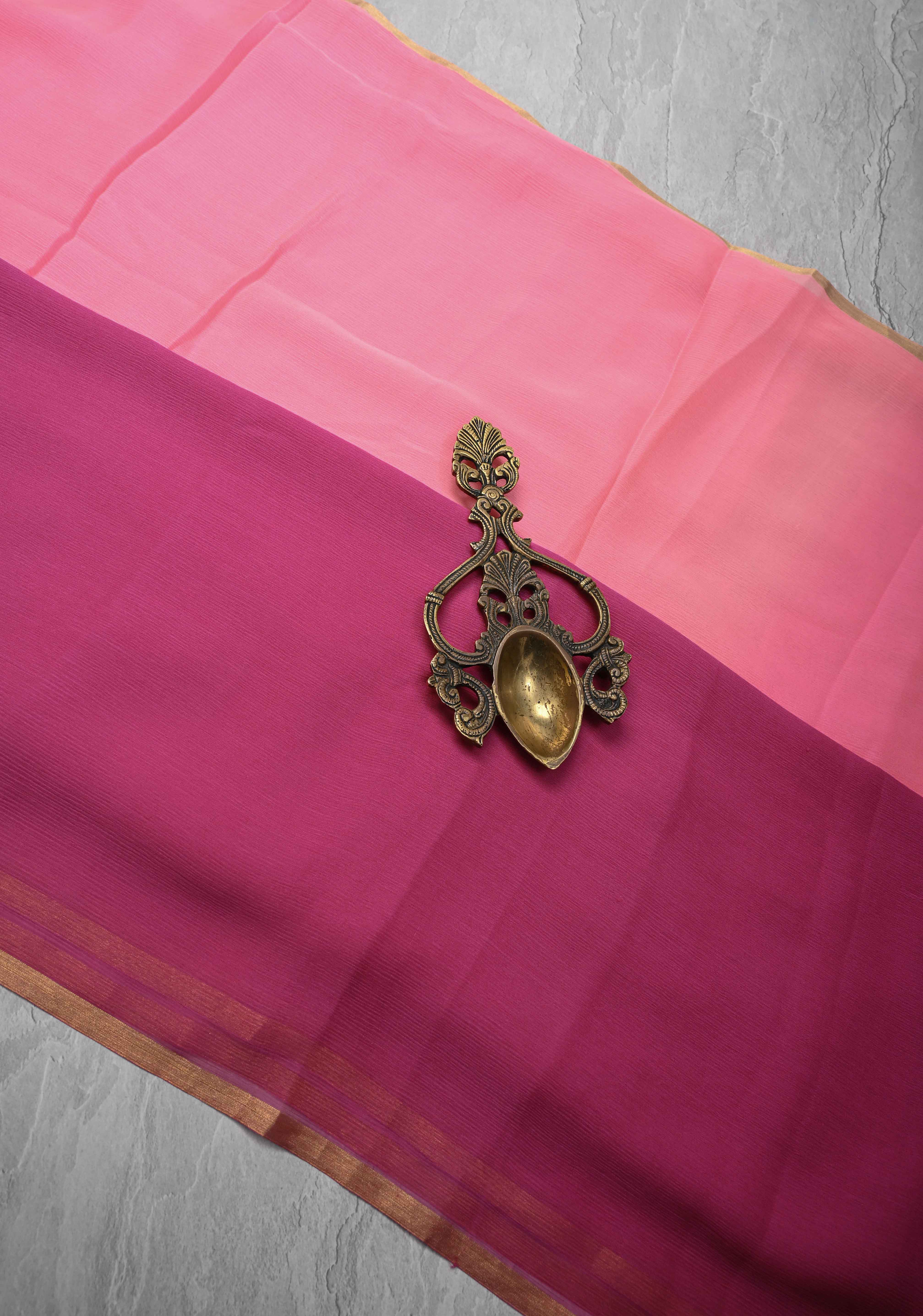 Bollywood style ombre pure chiffon Saree in Coral and Blush Pink, No Blouse Piece | Shobitam