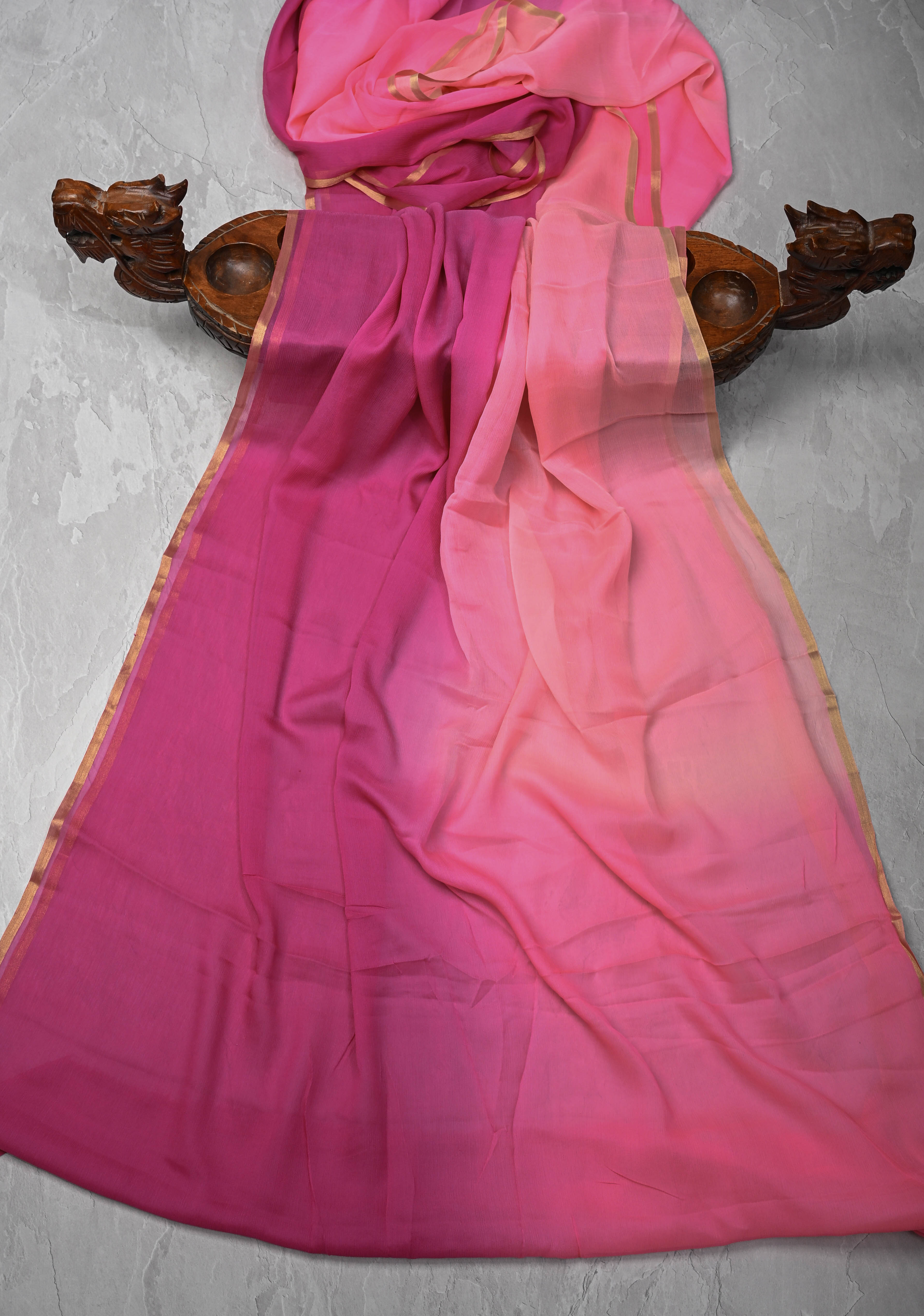 Bollywood style ombre pure chiffon Saree in Coral and Blush Pink, No Blouse Piece | Shobitam
