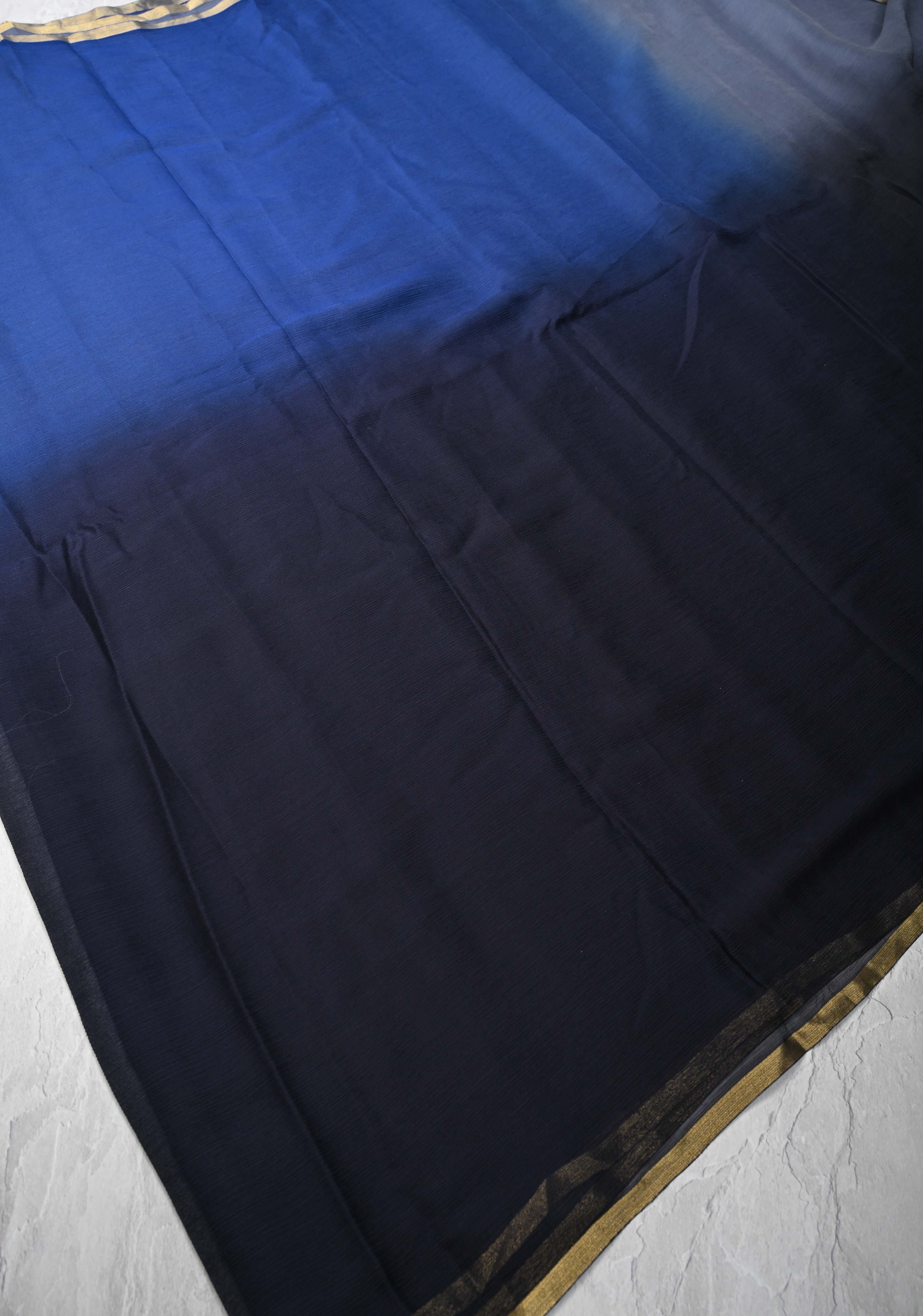 Bollywood style ombre pure chiffon Saree in black, gray  and blue, No Blouse Piece | Shobitam