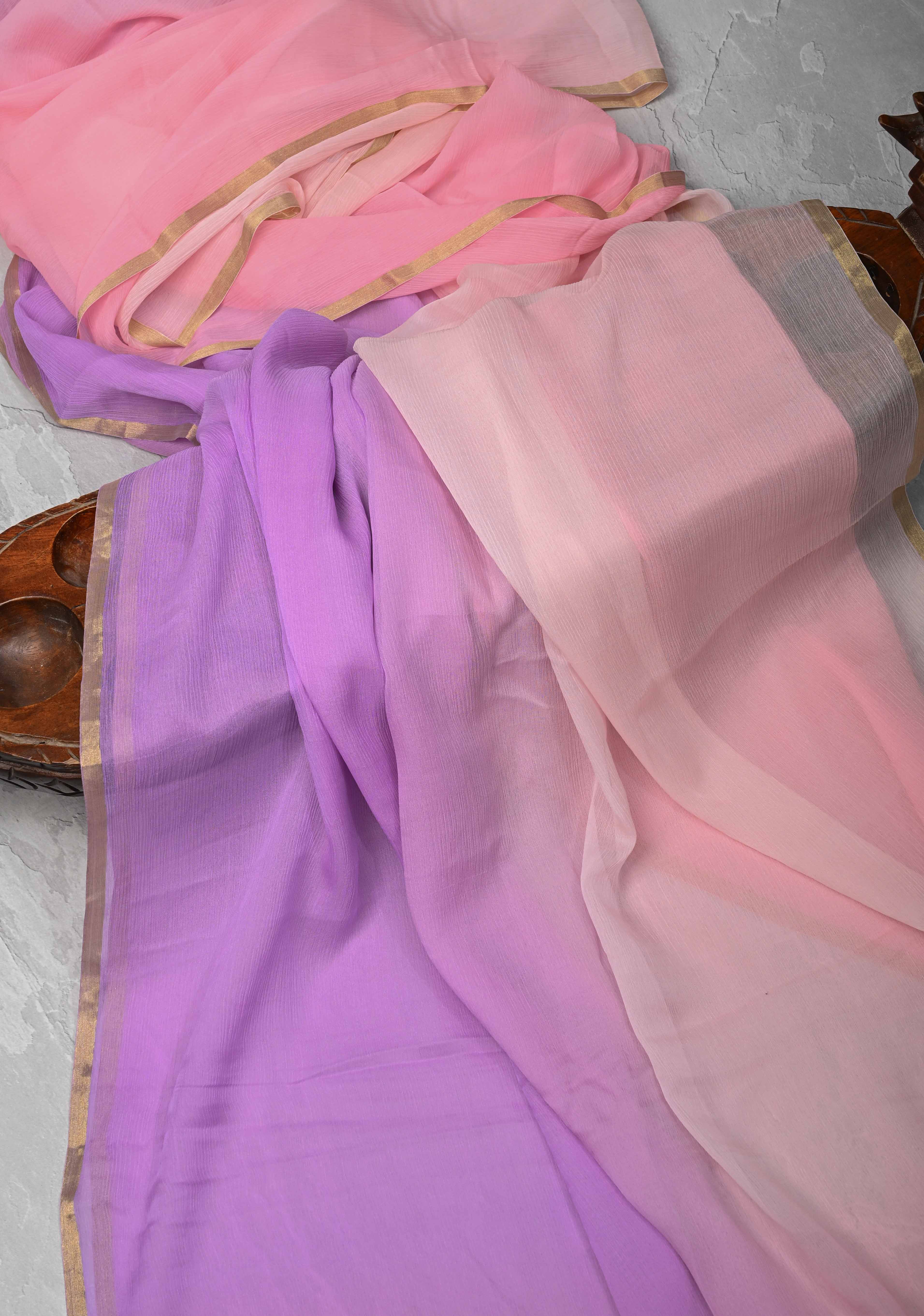 Bollywood style ombre pure chiffon Saree in Lavender and Peach, No Blouse Piece | Shobitam