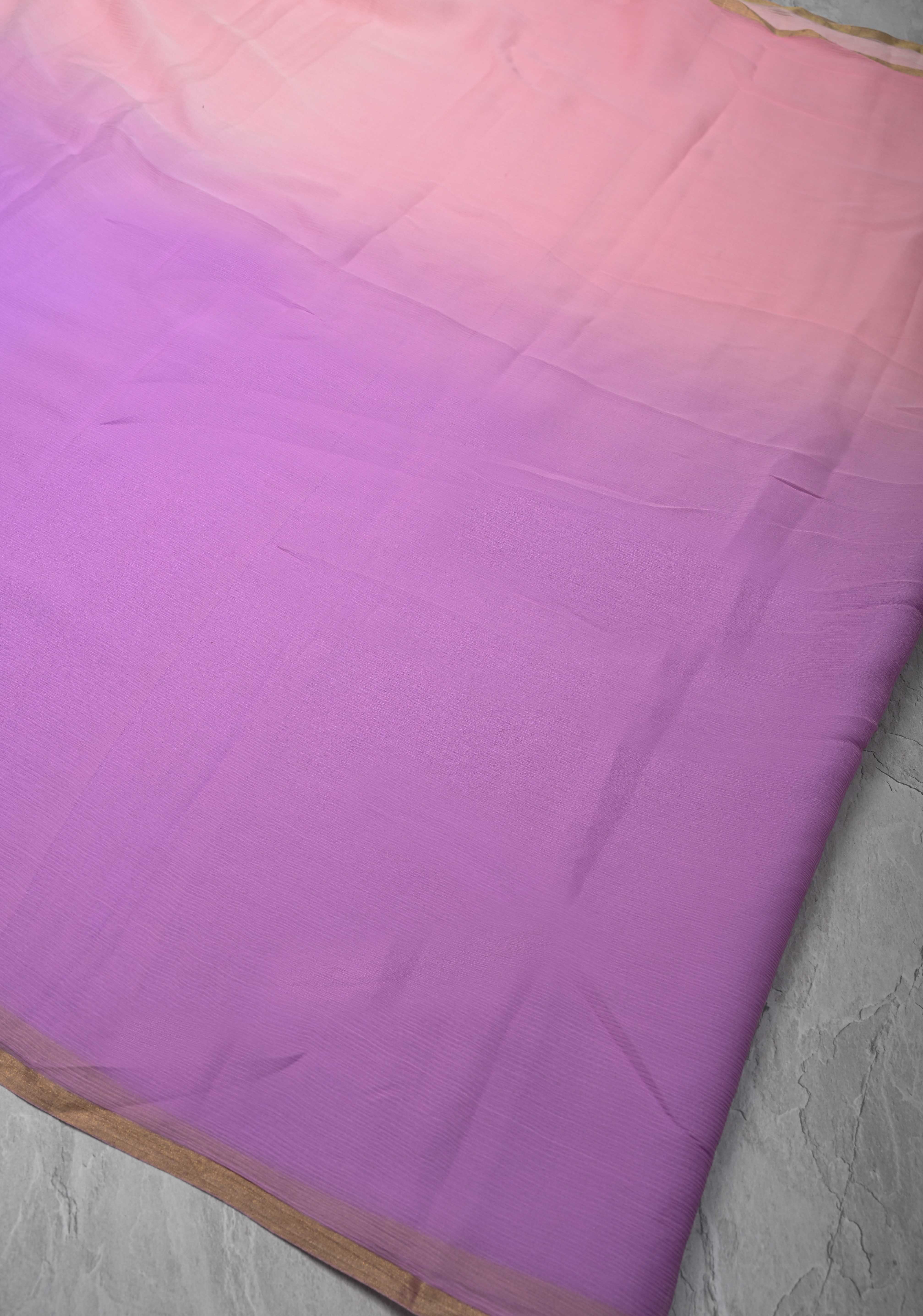 Bollywood style ombre pure chiffon Saree in Lavender and Peach, No Blouse Piece | Shobitam