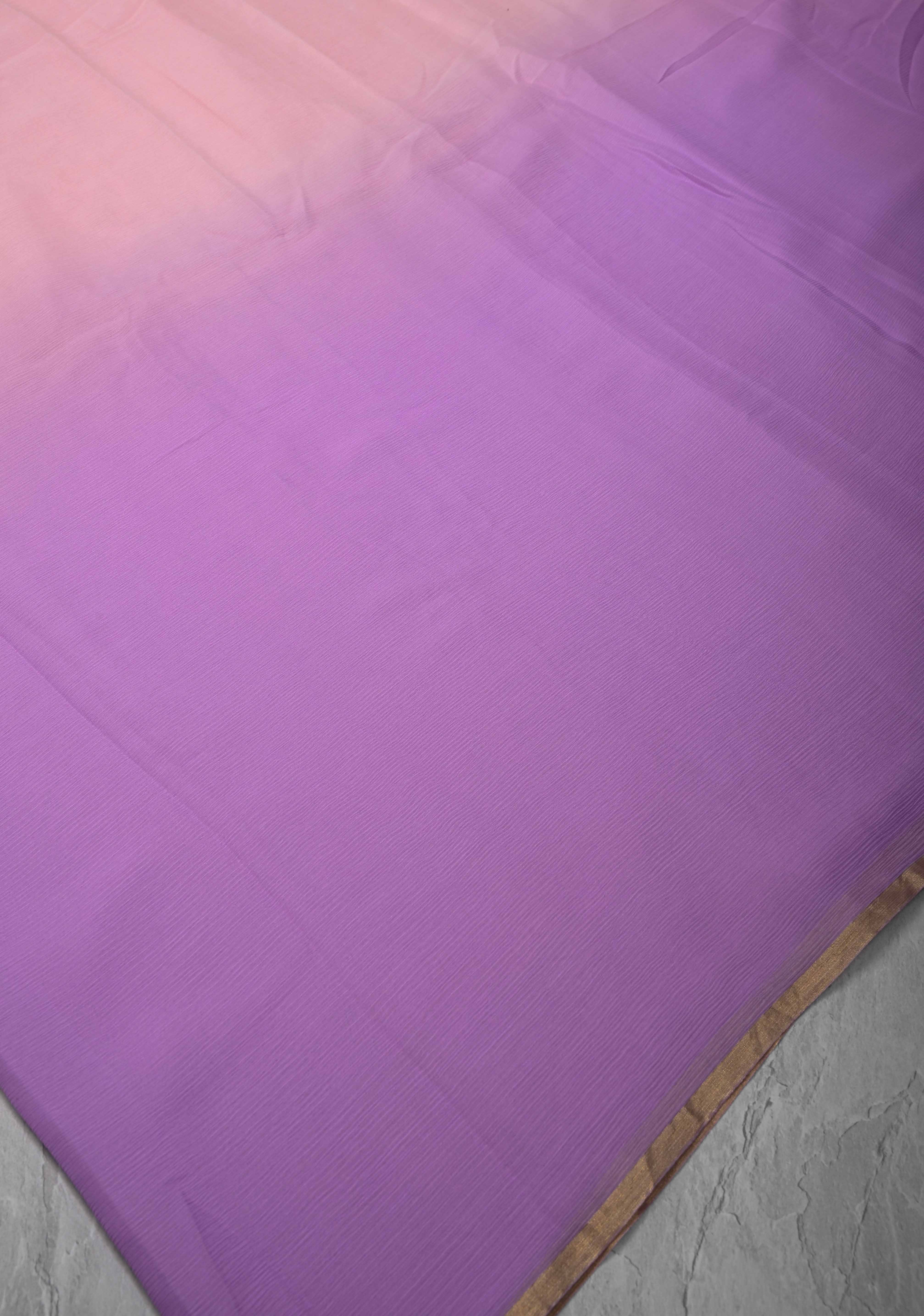 Bollywood style ombre pure chiffon Saree in Lavender and Peach, No Blouse Piece | Shobitam