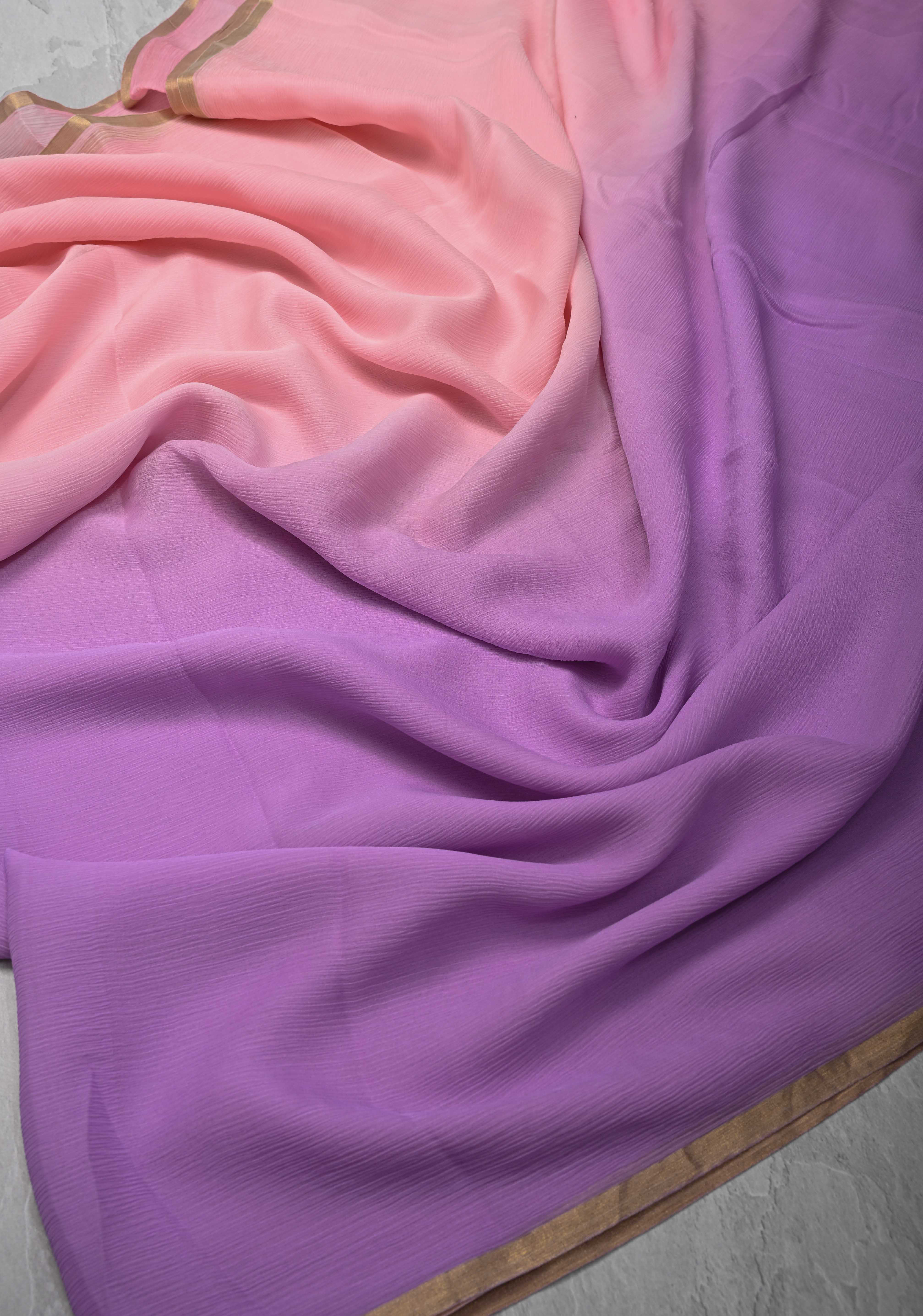 Bollywood style ombre pure chiffon Saree in Lavender and Peach, No Blouse Piece | Shobitam