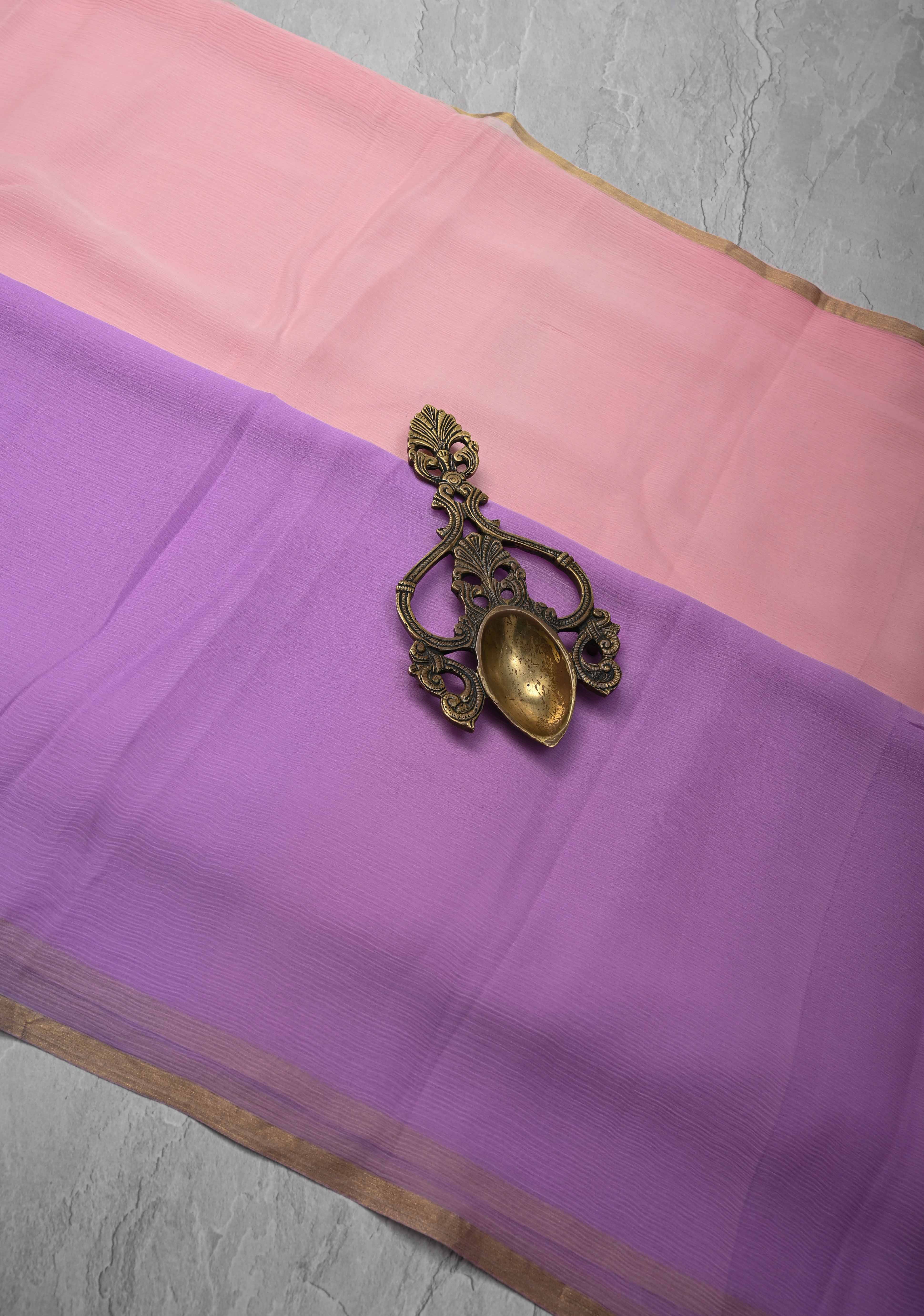 Bollywood style ombre pure chiffon Saree in Lavender and Peach, No Blouse Piece | Shobitam