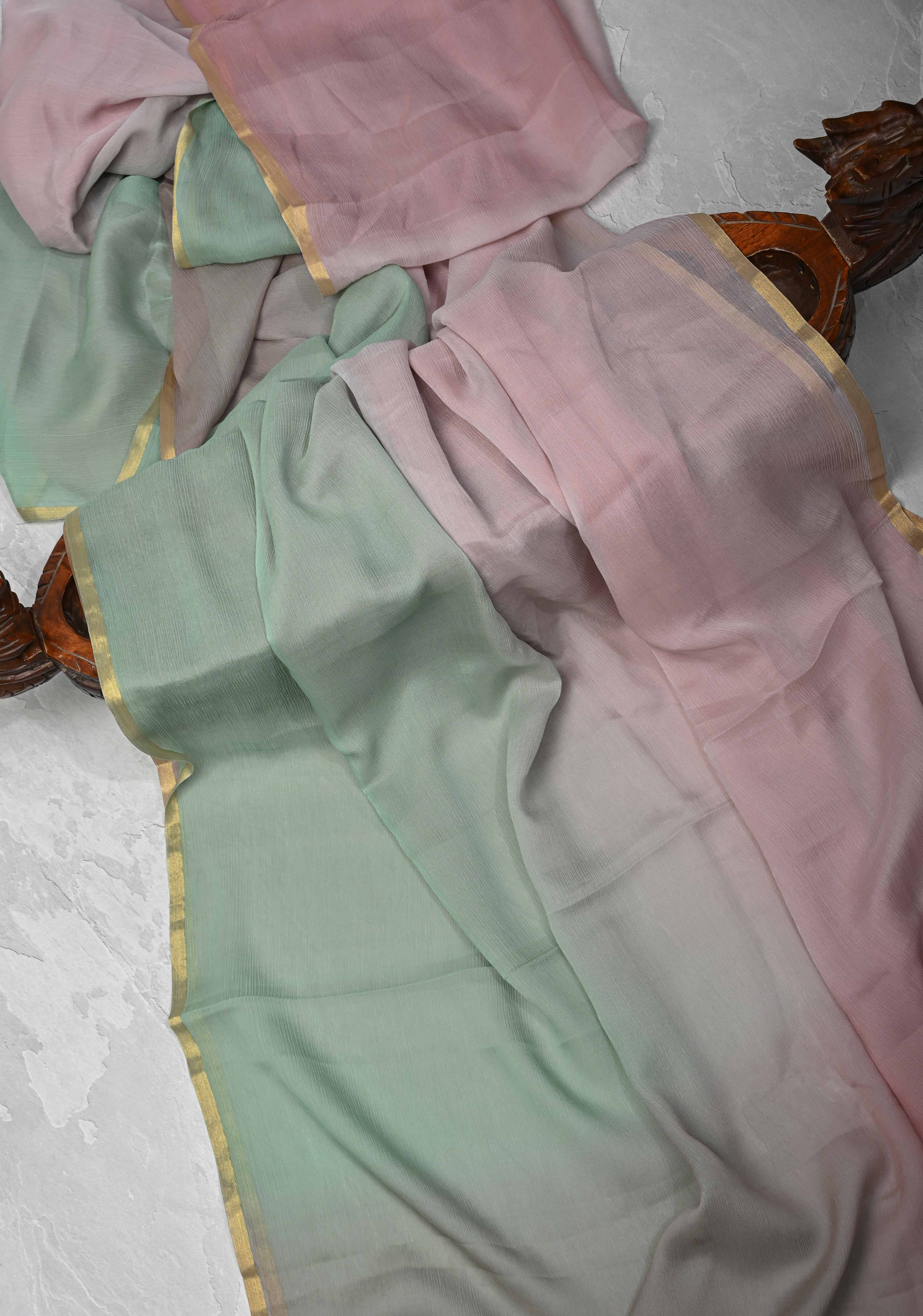 Bollywood style ombre pure chiffon Saree in Dusty Pastel Shades, No Blouse Piece | Shobitam