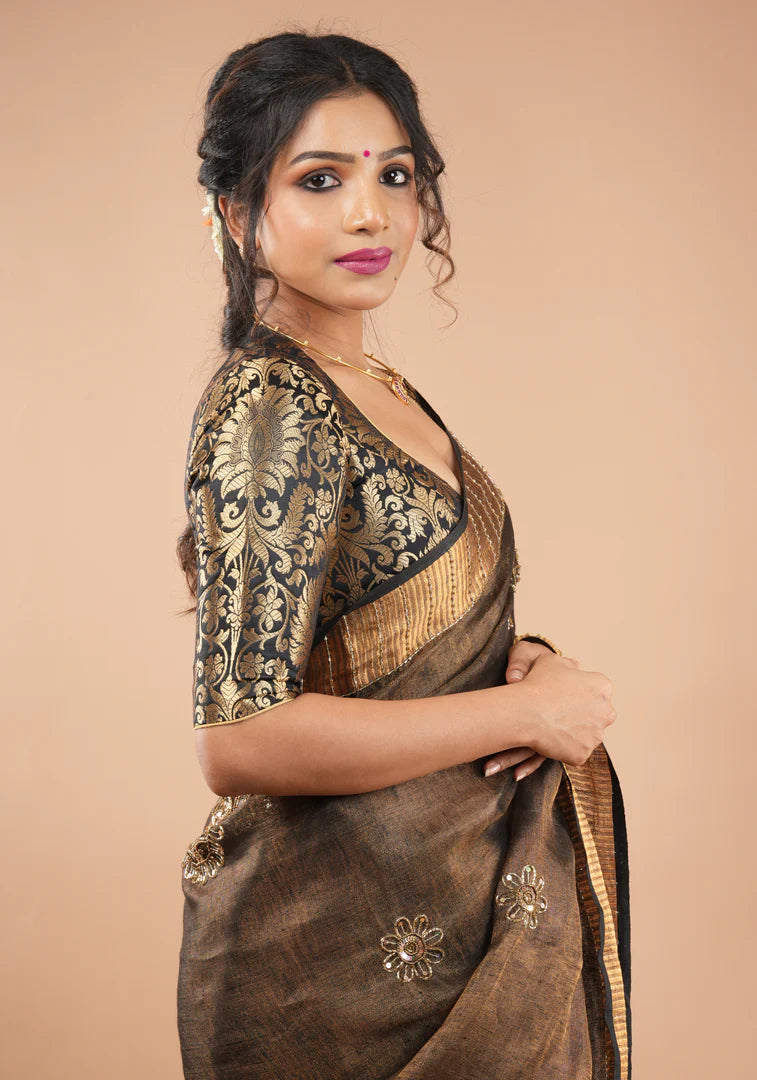 Black Brocade With  Golden Banarasi  & Highneck  designer Blouse