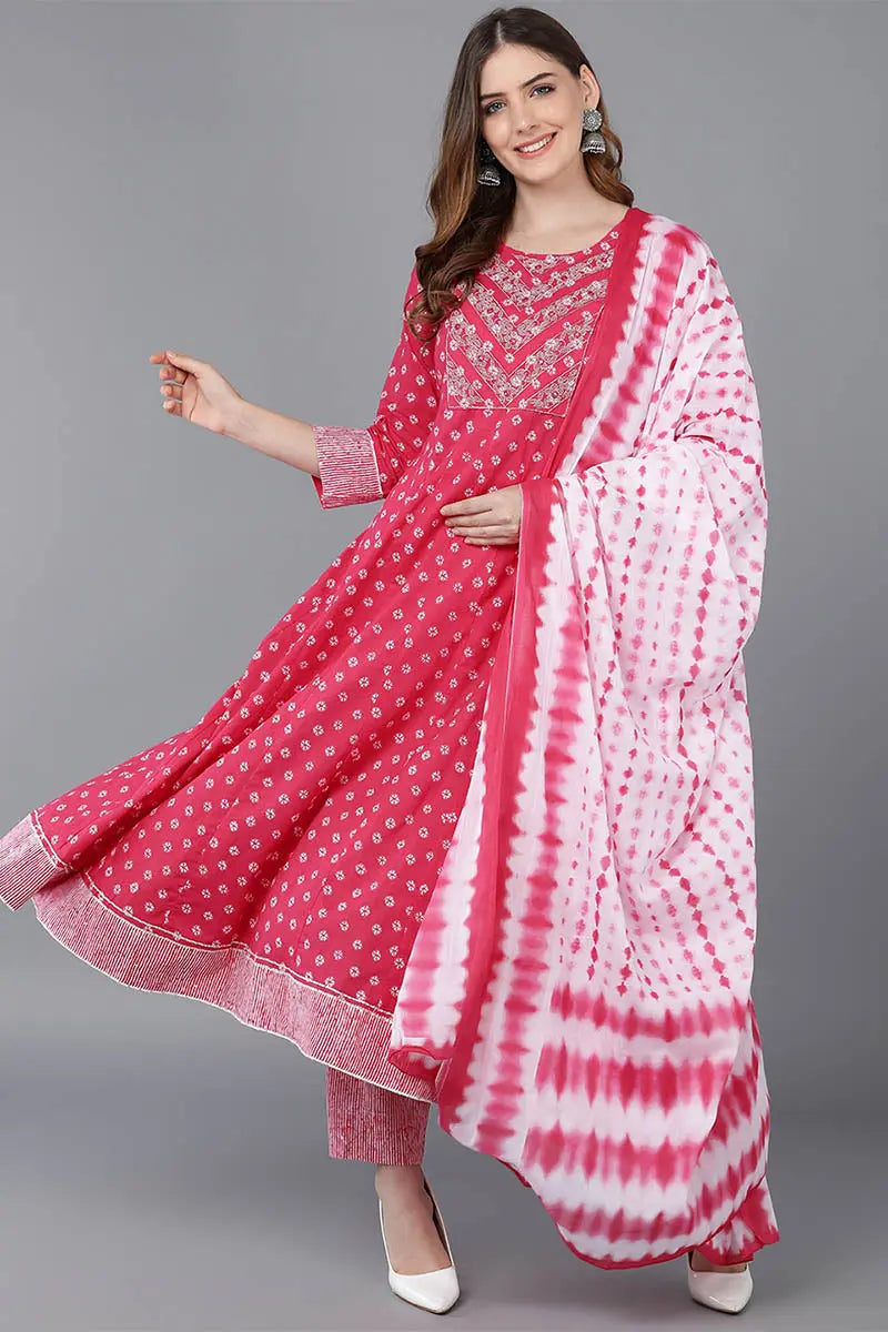 Pink Pure Cotton Anarkali Suit Set | SHOBITAM