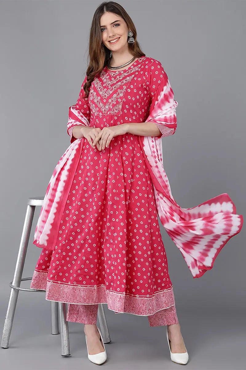 Pink Pure Cotton Anarkali Suit Set | SHOBITAM