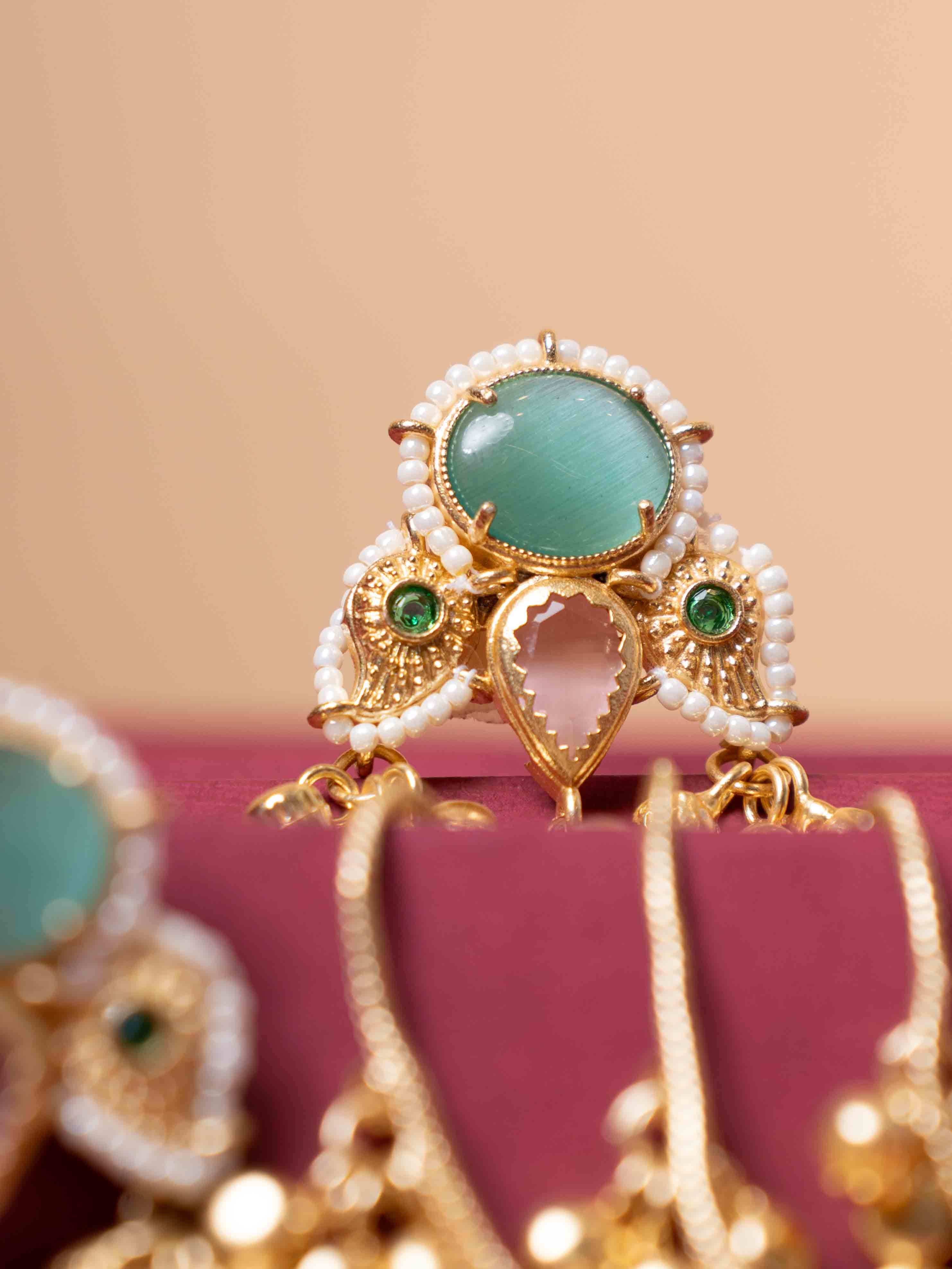 Gold Plated Long Tassel Earrings with Green Stone Stud, Pearl Detailing & Ghungroo Drops