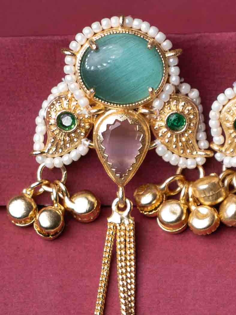 Gold Plated Long Tassel Earrings with Green Stone Stud, Pearl Detailing & Ghungroo Drops
