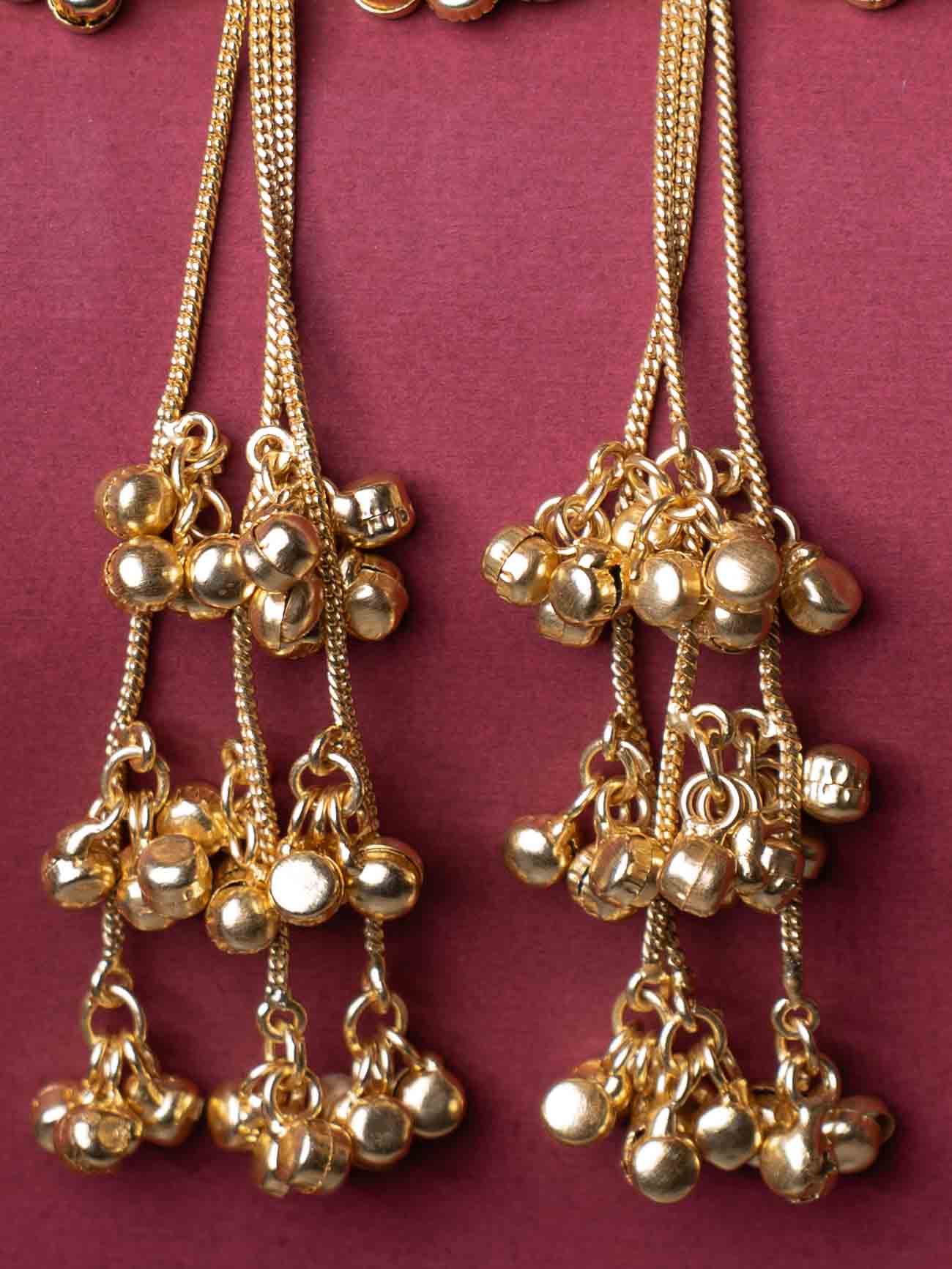 Gold Plated Long Tassel Earrings with Green Stone Stud, Pearl Detailing & Ghungroo Drops