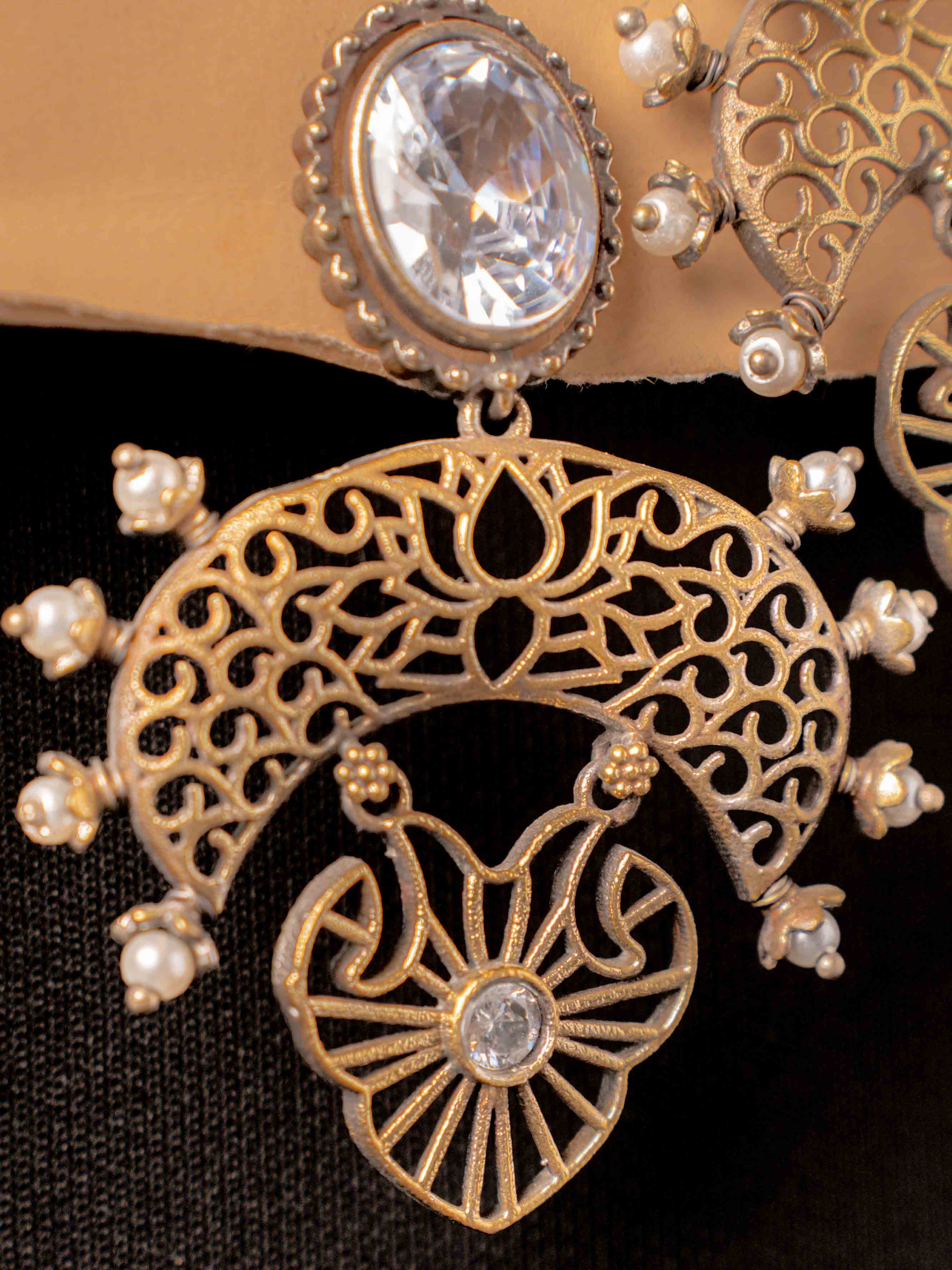 Antique Gold Filigree Statement Earrings with Crystal Stud & Pearl Drop Accents