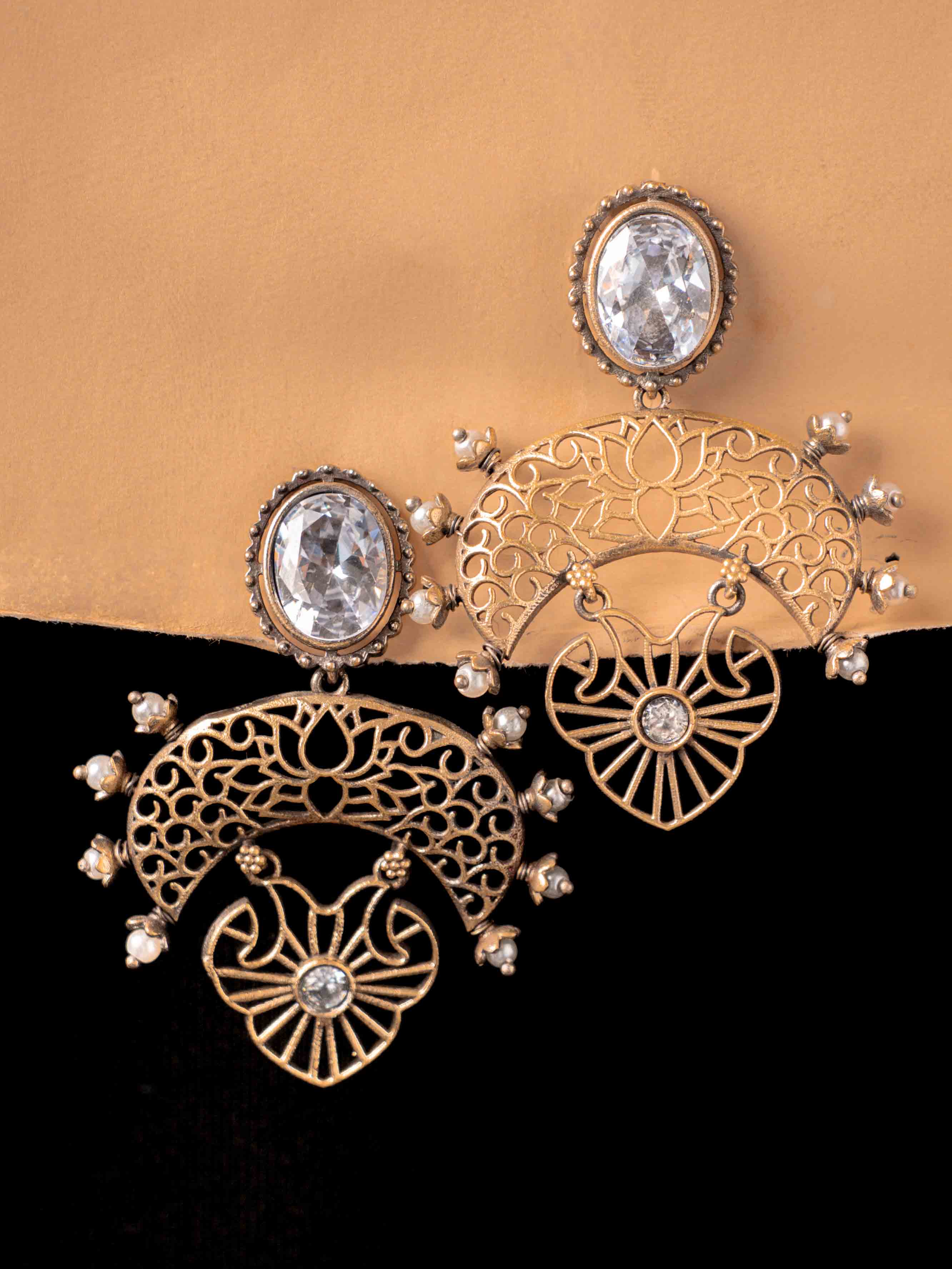 Antique Gold Filigree Statement Earrings with Crystal Stud & Pearl Drop Accents