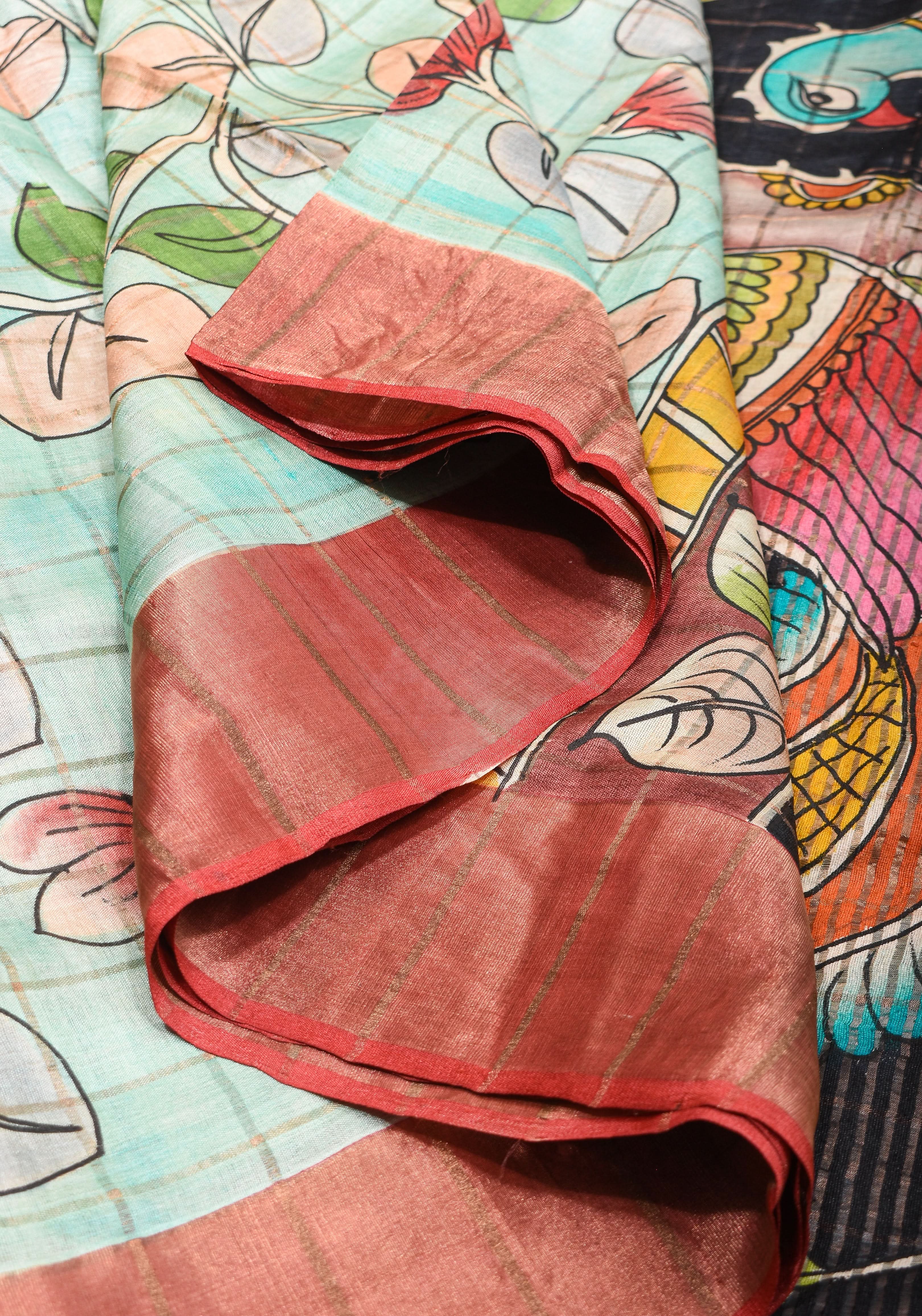 Jari Tussar Saree with Checks and Kalamkari Digital Print | SILK MARK CERTIFIED | Shobitam