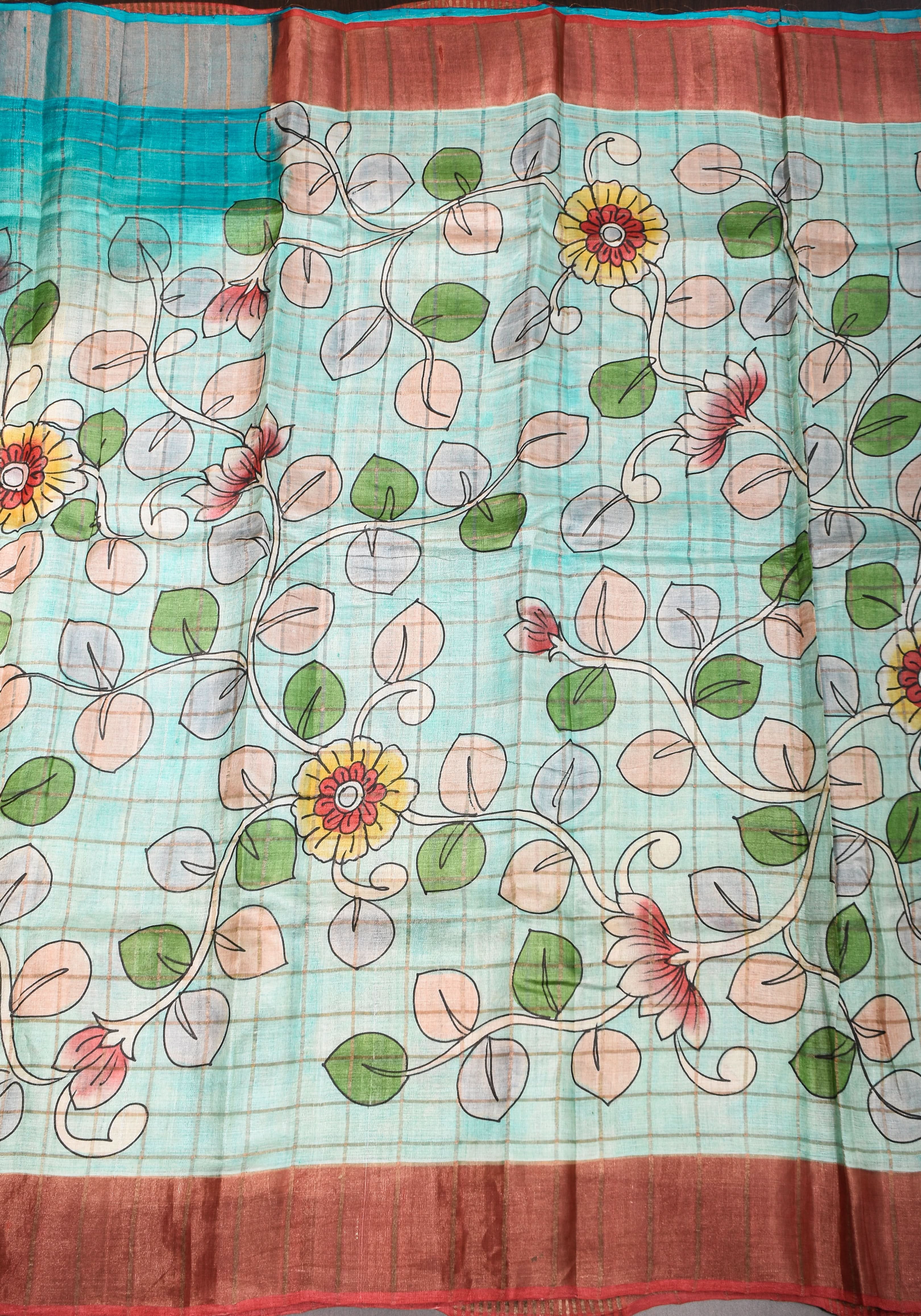 Jari Tussar Saree with Checks and Kalamkari Digital Print | SILK MARK CERTIFIED | Shobitam