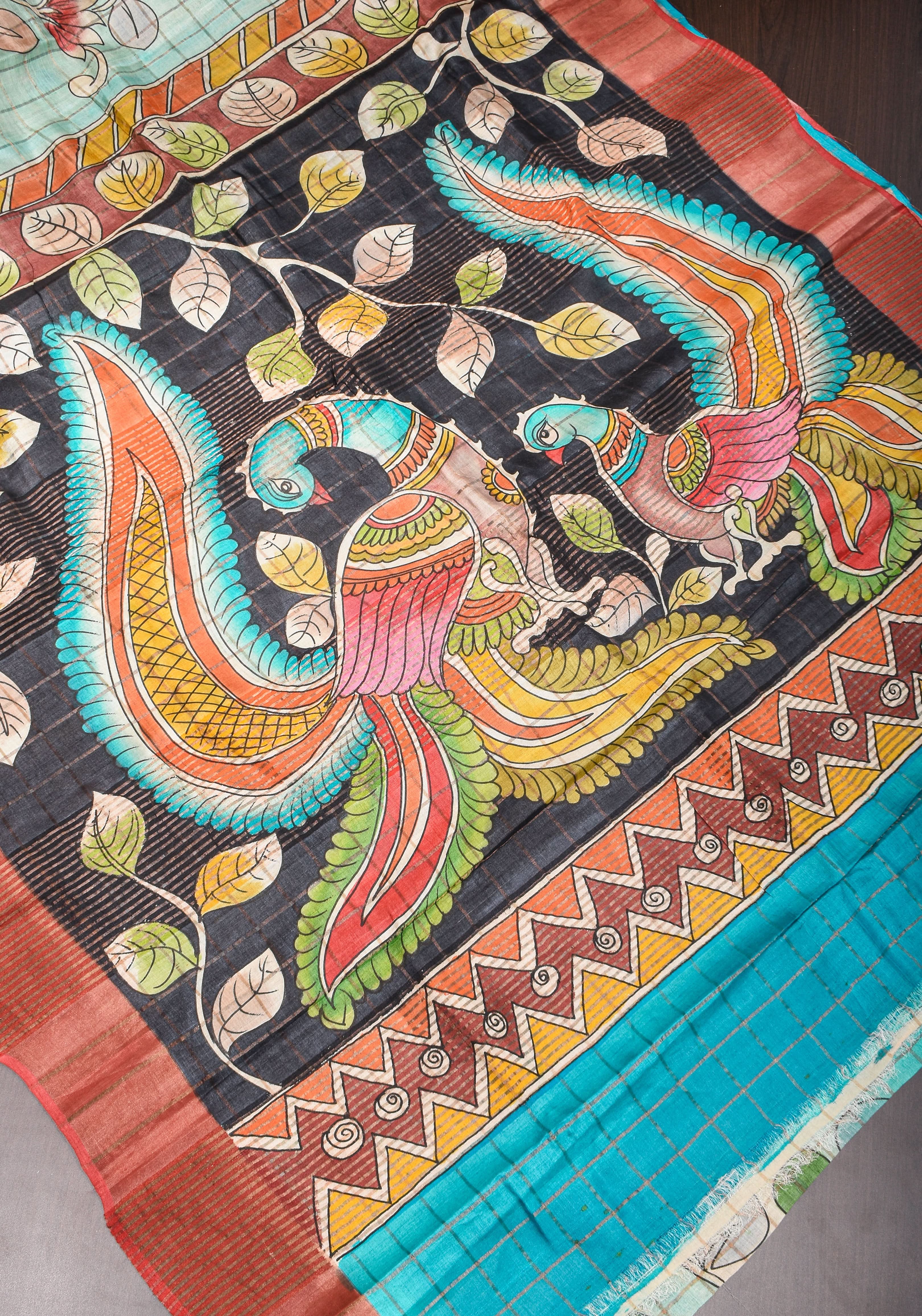 Jari Tussar Saree with Checks and Kalamkari Digital Print | SILK MARK CERTIFIED | Shobitam