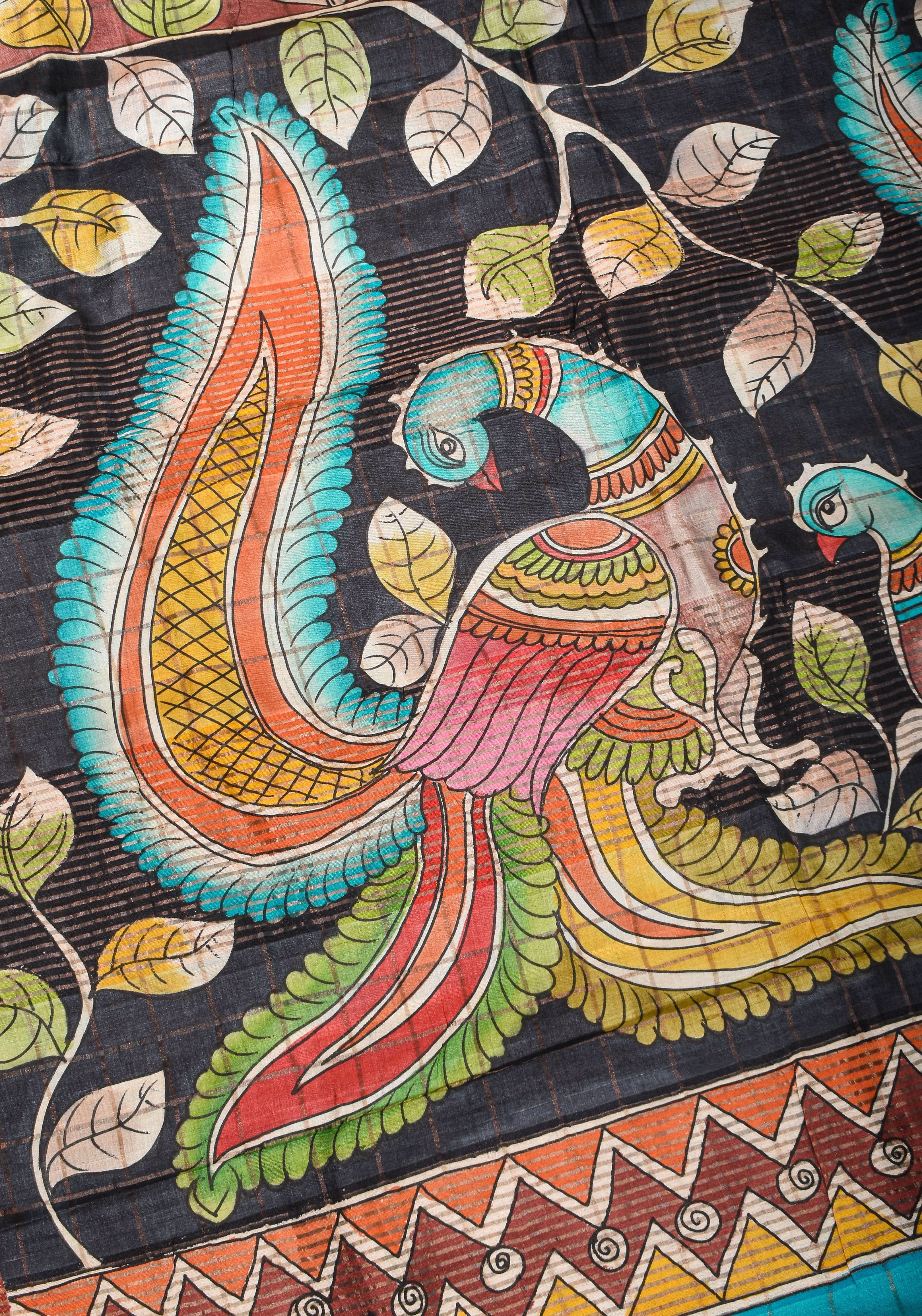 Jari Tussar Saree with Checks and Kalamkari Digital Print | SILK MARK CERTIFIED | Shobitam