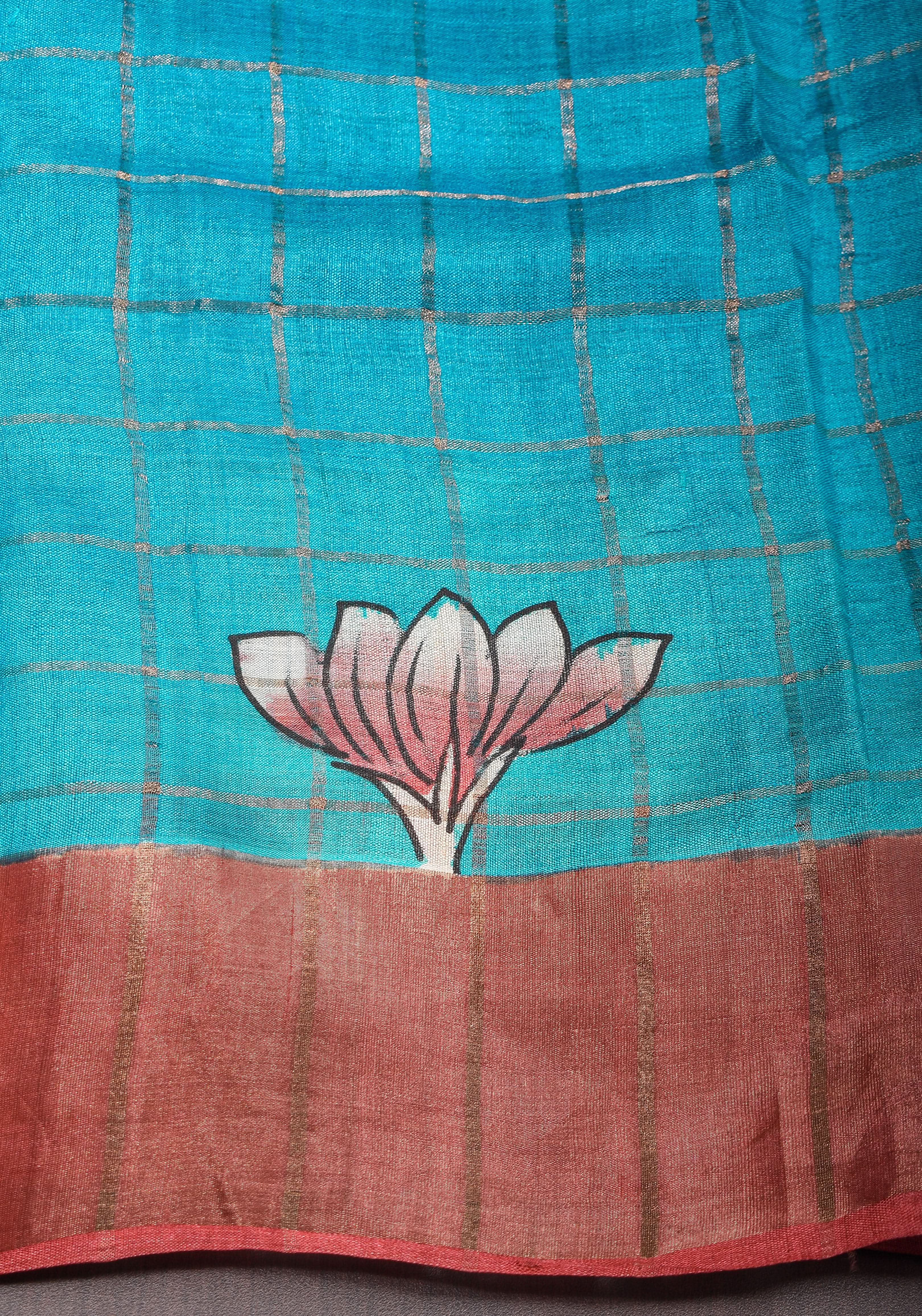 Jari Tussar Saree with Checks and Kalamkari Digital Print | SILK MARK CERTIFIED | Shobitam